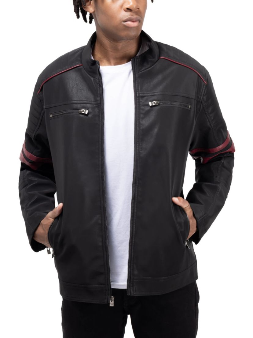 Mens PU Jacket With Faux Shearling Lining And Moto Stitch On Sleeves And Back
