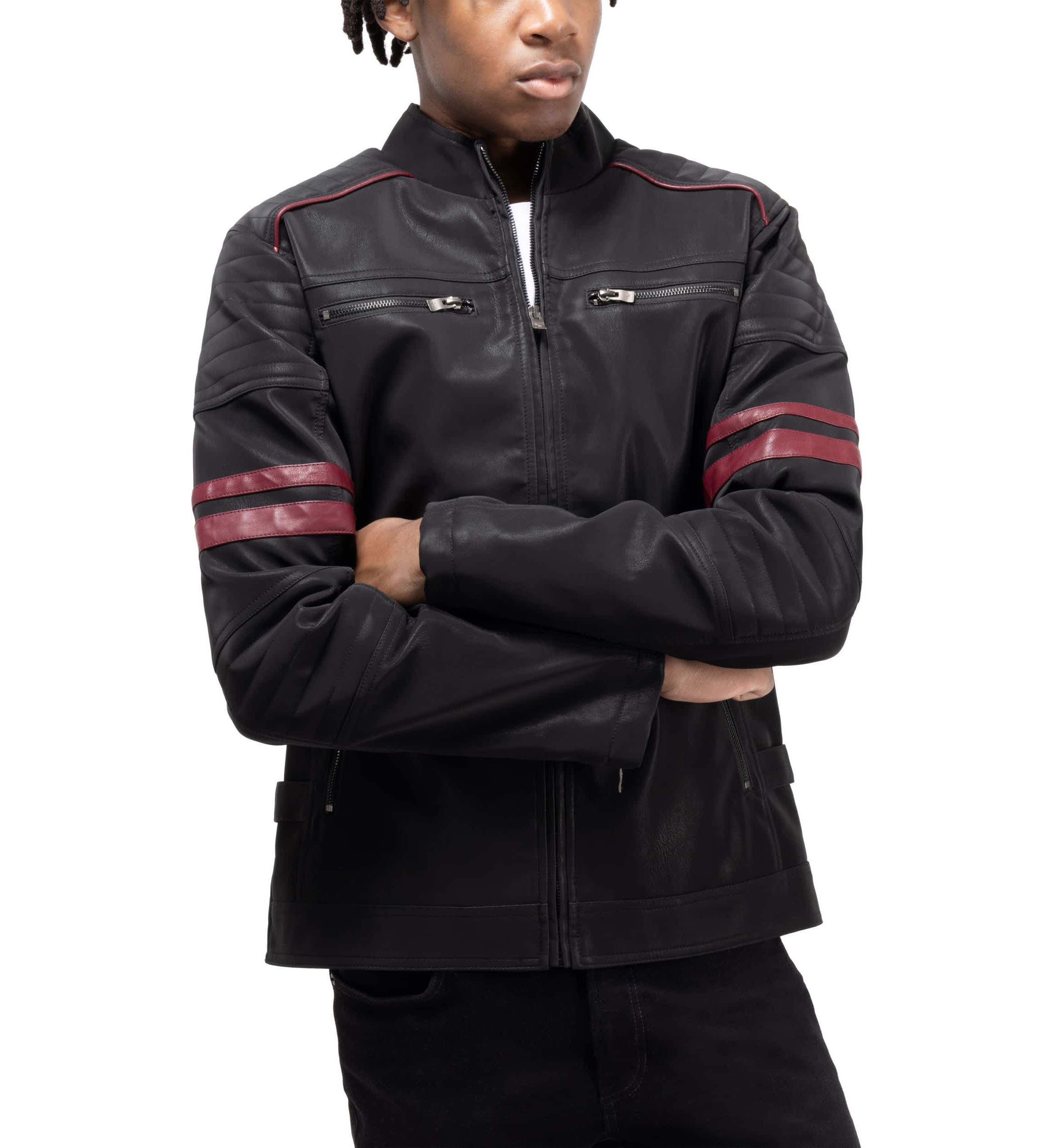 Mens PU Jacket With Faux Shearling Lining And Moto Stitch On Sleeves And Back