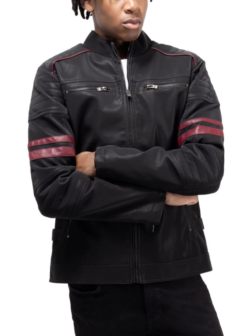 Mens PU Jacket With Faux Shearling Lining And Moto Stitch On Sleeves And Back