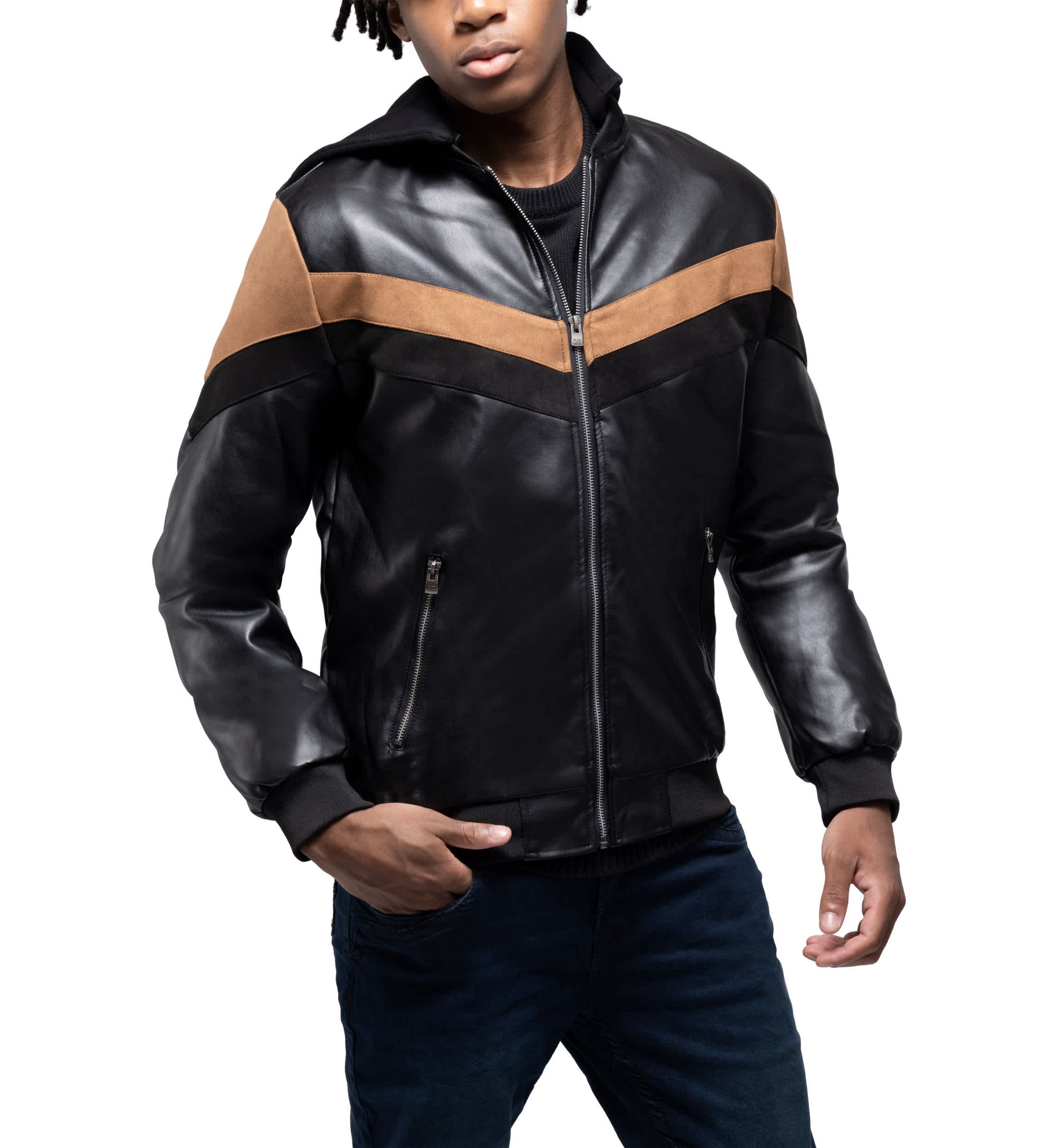 Mens Shiny PU Hooded Jacket With Faux Suede Detailing With Faux Shearling Lining