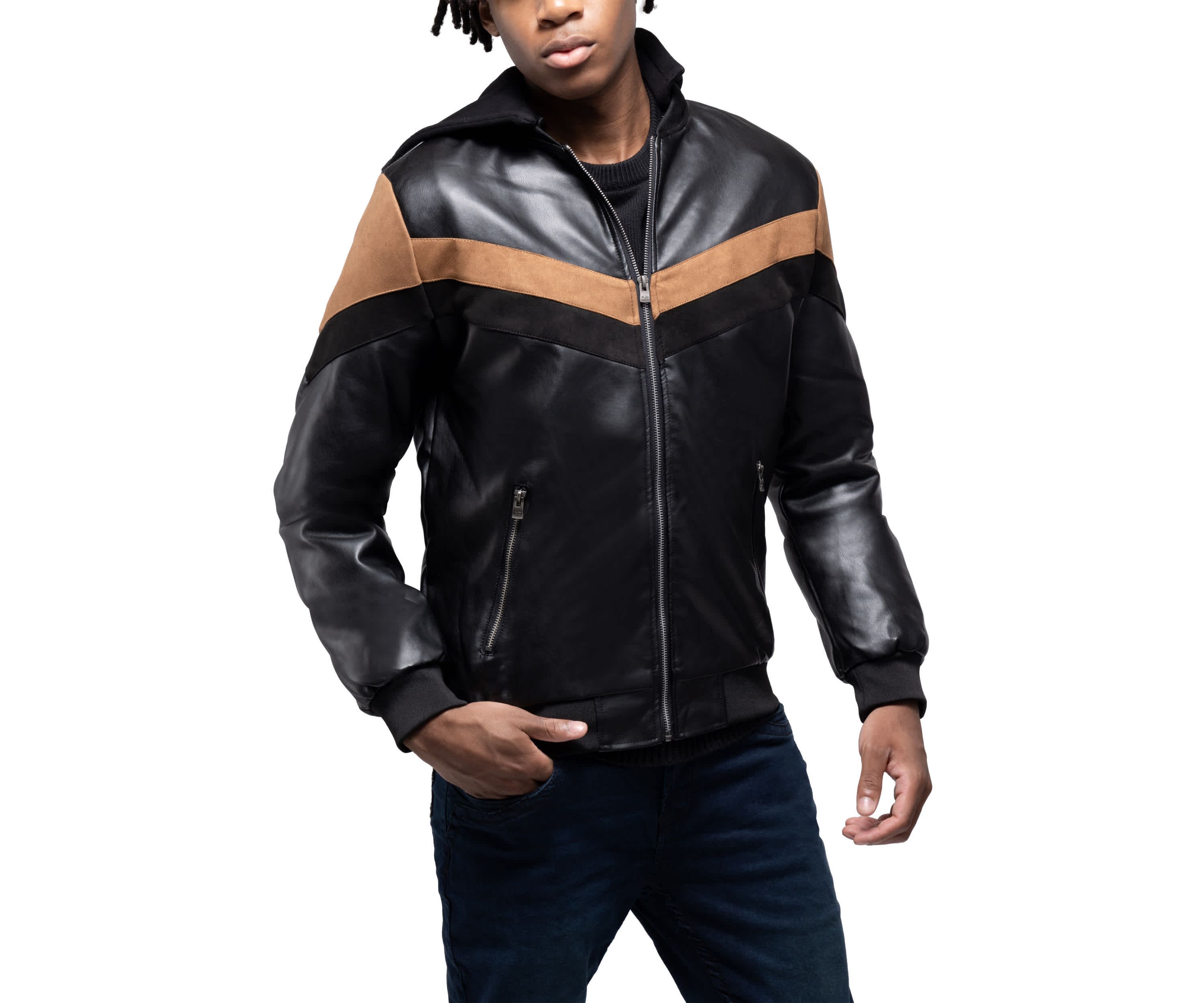 Mens Shiny PU Hooded Jacket With Faux Suede Detailing With Faux Shearling Lining