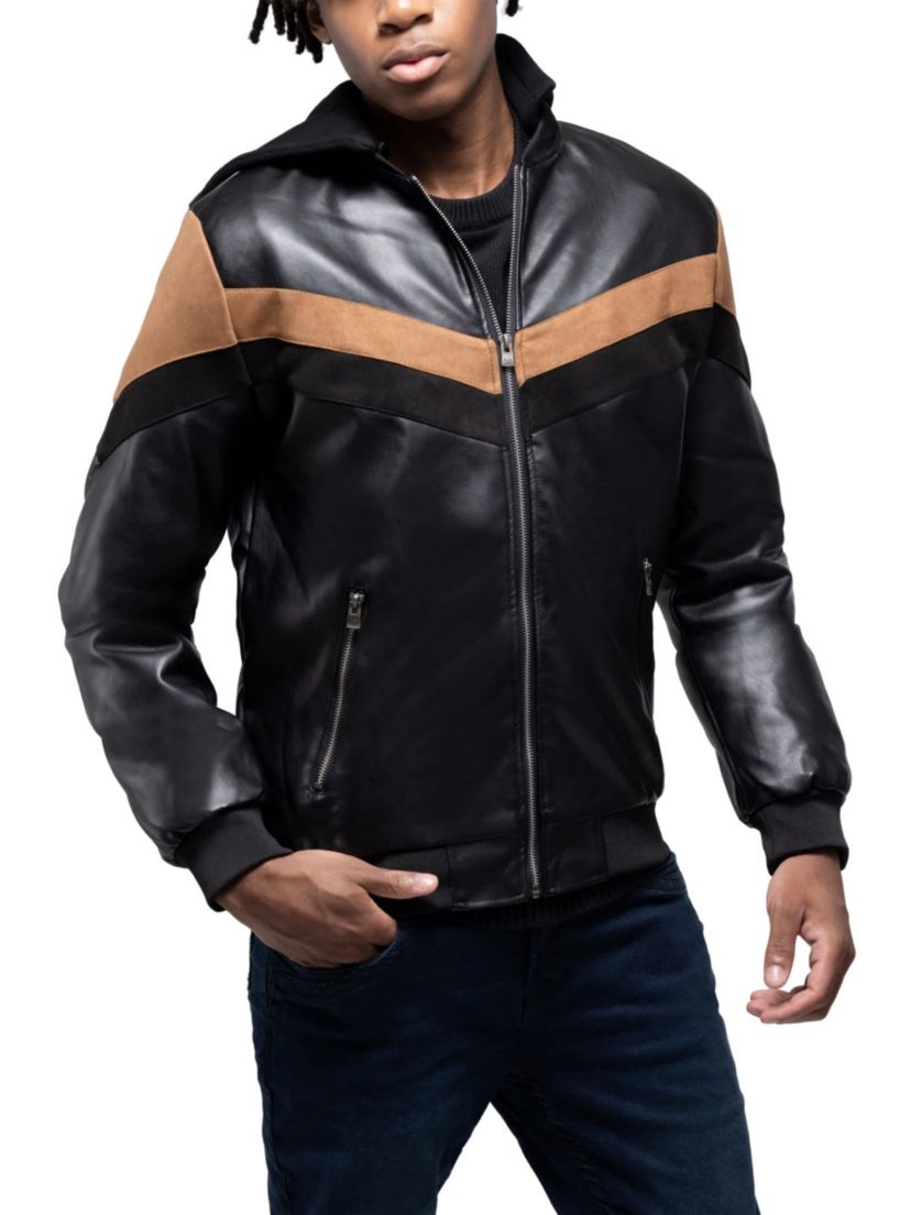 Mens Shiny PU Hooded Jacket With Faux Suede Detailing With Faux Shearling Lining