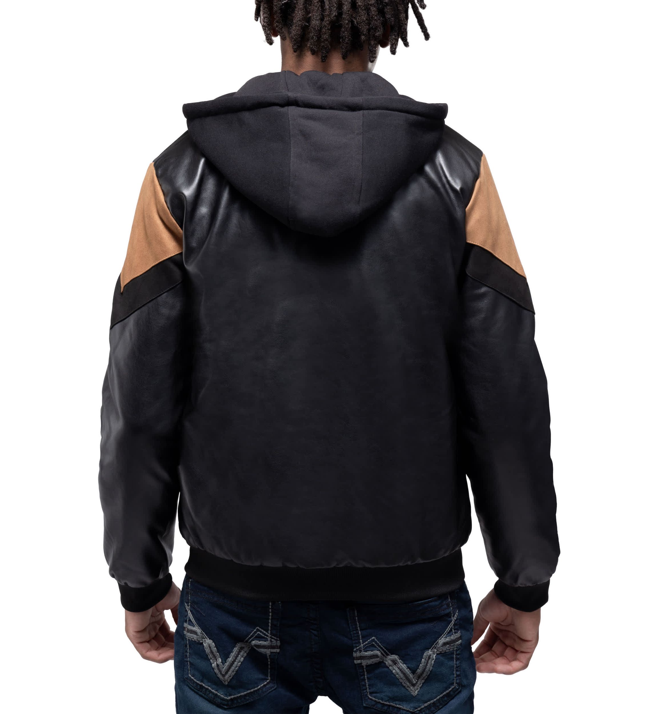 Mens Shiny PU Hooded Jacket With Faux Suede Detailing With Faux Shearling Lining
