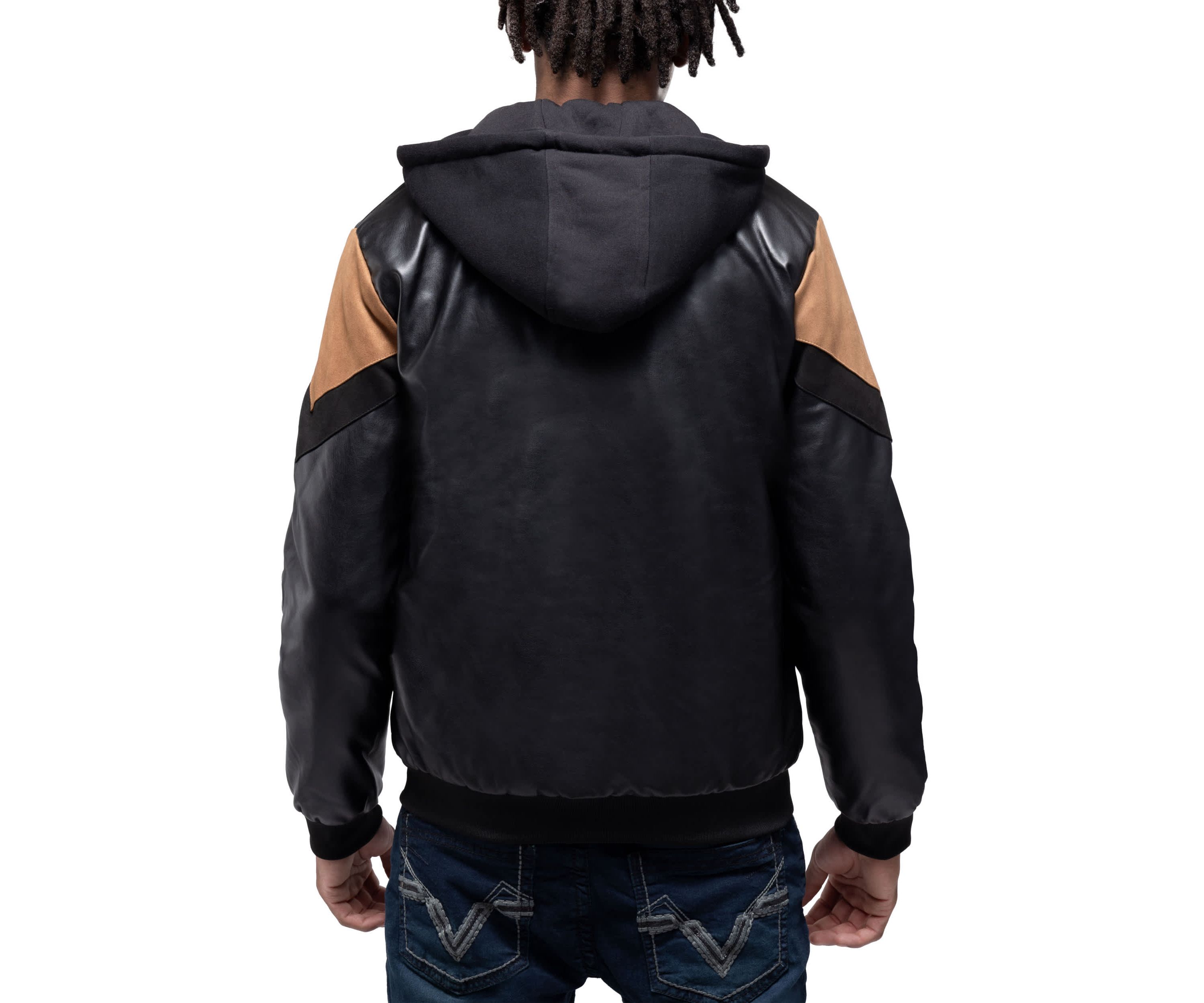 Mens Shiny PU Hooded Jacket With Faux Suede Detailing With Faux Shearling Lining