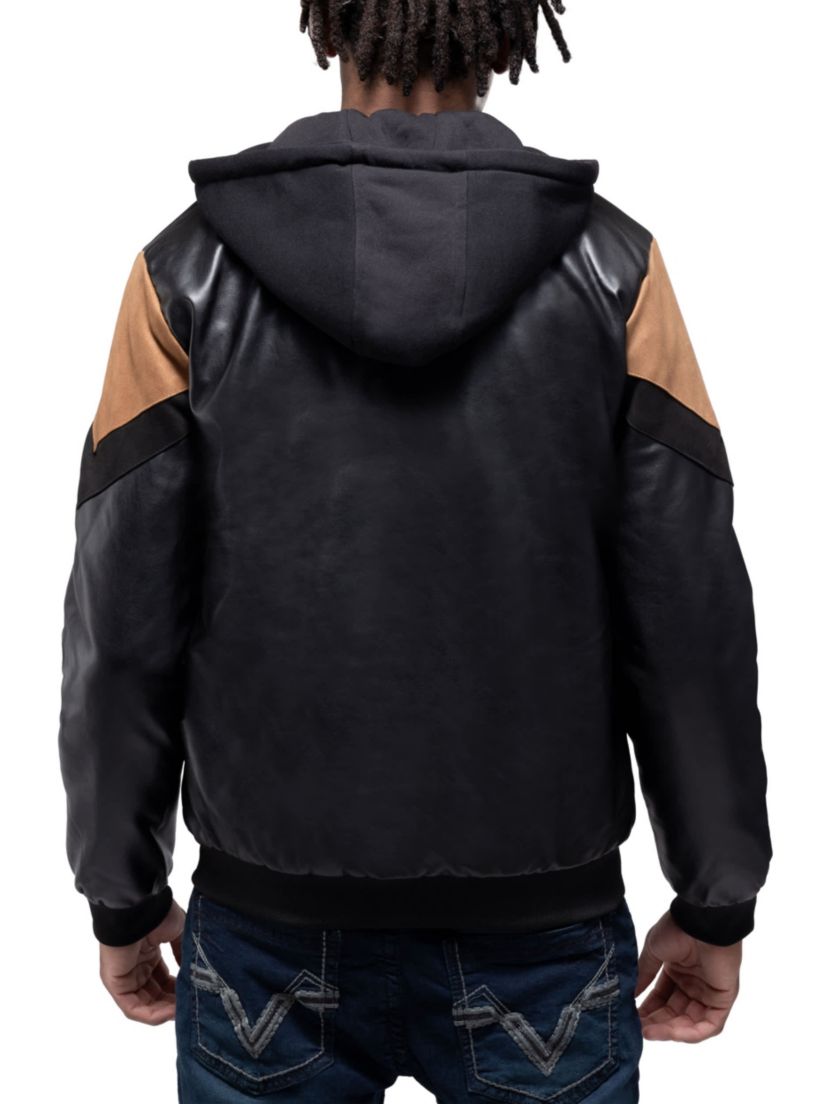 Mens Shiny PU Hooded Jacket With Faux Suede Detailing With Faux Shearling Lining