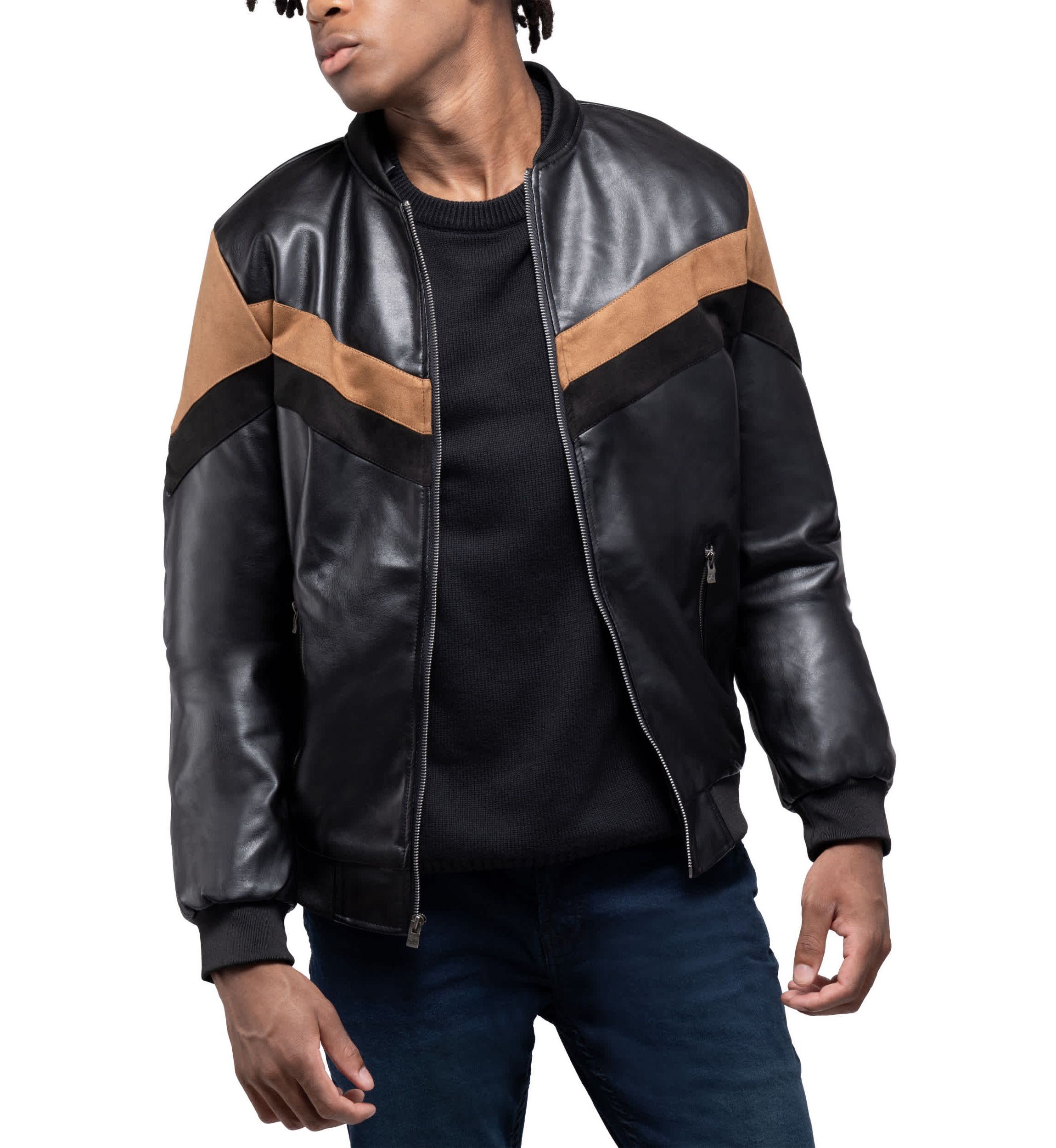 Mens Shiny PU Hooded Jacket With Faux Suede Detailing With Faux Shearling Lining
