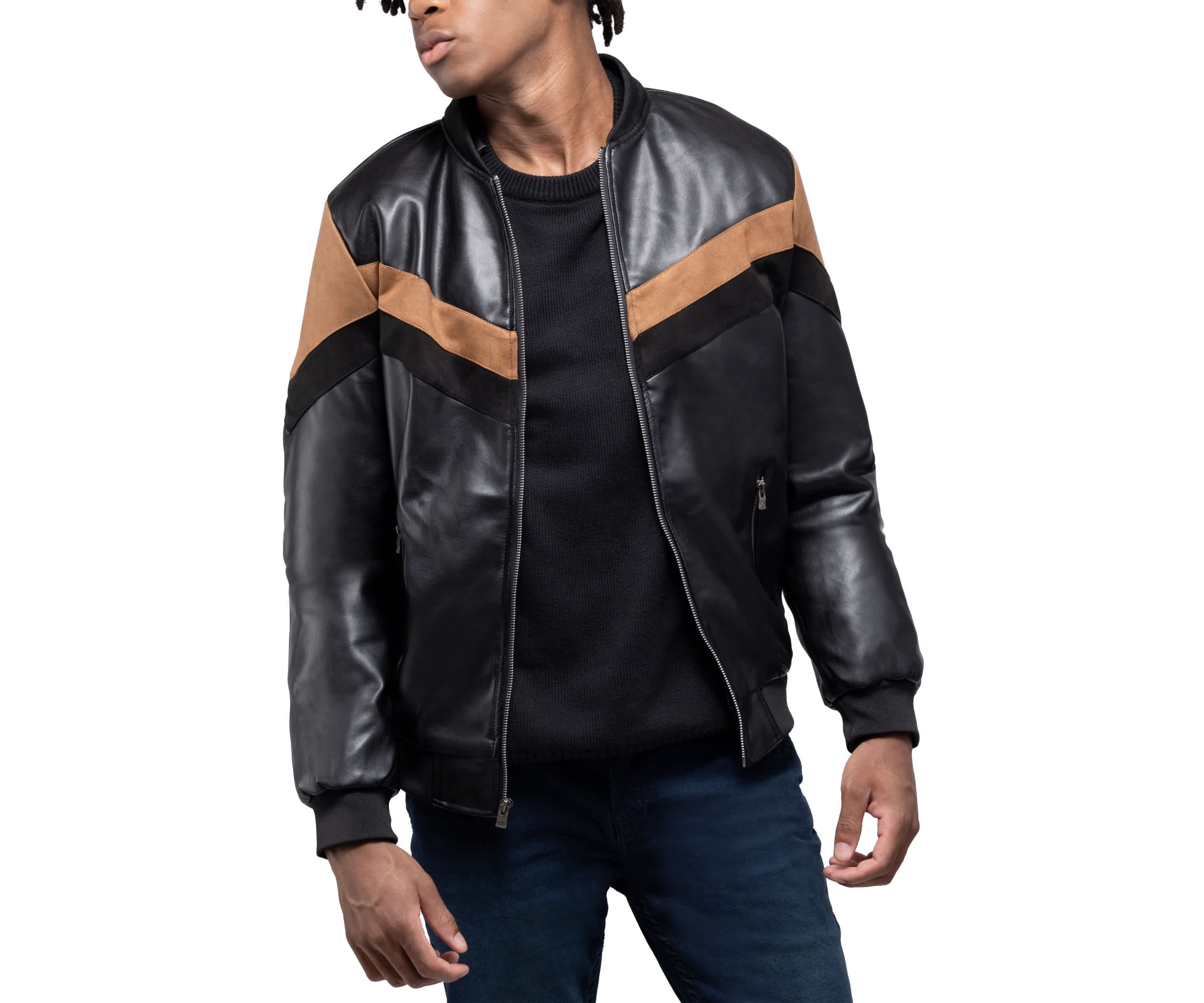 Mens Shiny PU Hooded Jacket With Faux Suede Detailing With Faux Shearling Lining