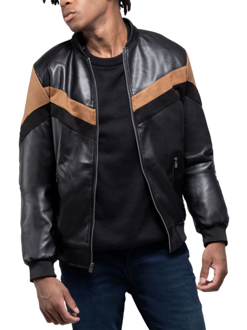 Mens Shiny PU Hooded Jacket With Faux Suede Detailing With Faux Shearling Lining