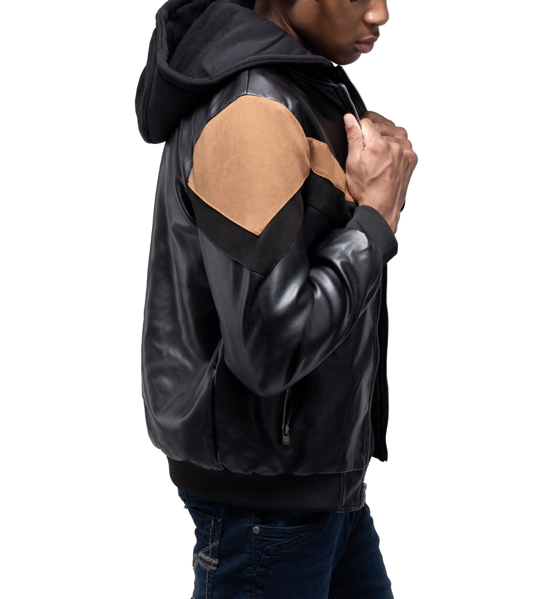 Mens Shiny PU Hooded Jacket With Faux Suede Detailing With Faux Shearling Lining