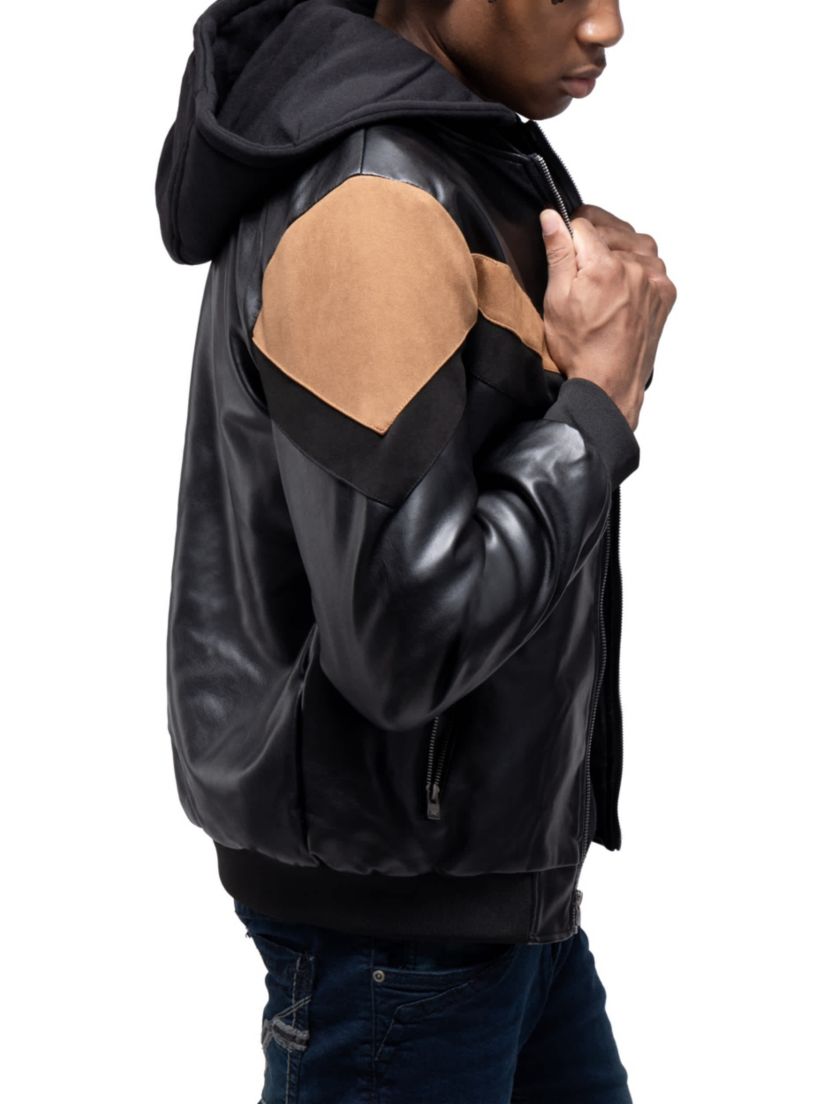 Mens Shiny PU Hooded Jacket With Faux Suede Detailing With Faux Shearling Lining