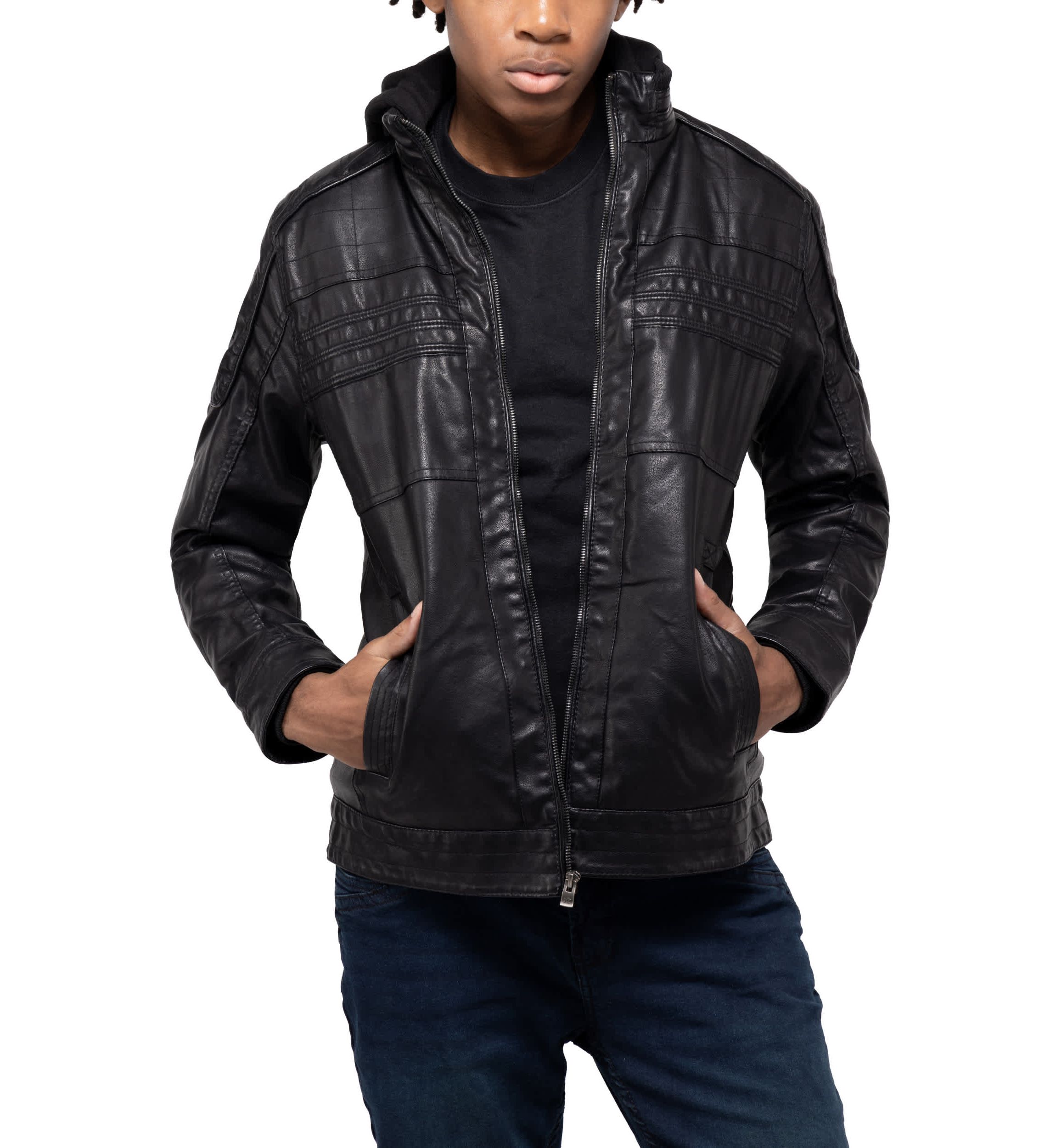Mens Moto Jacket With Hood and Faux Shearling Lining