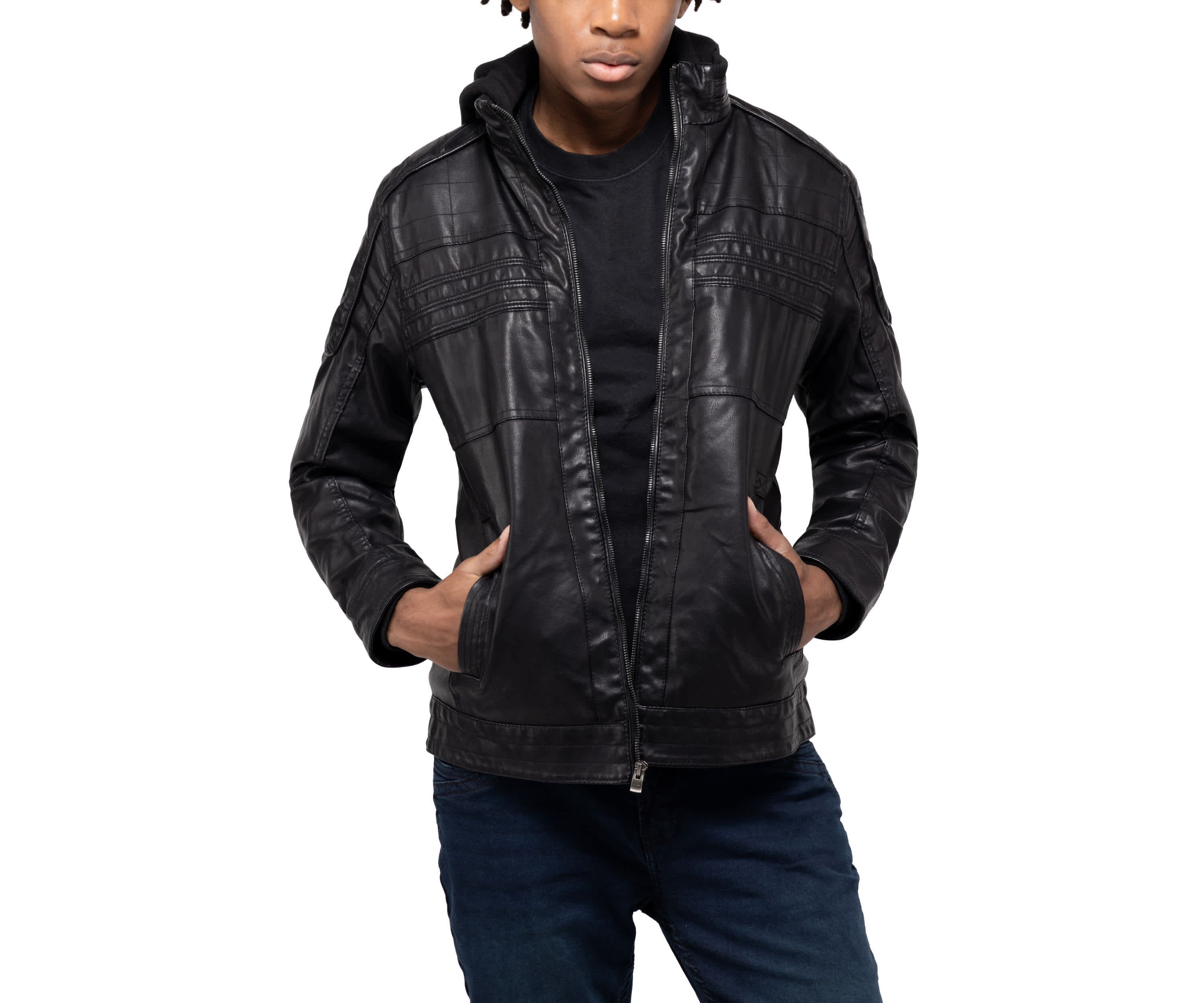 Mens Moto Jacket With Hood and Faux Shearling Lining