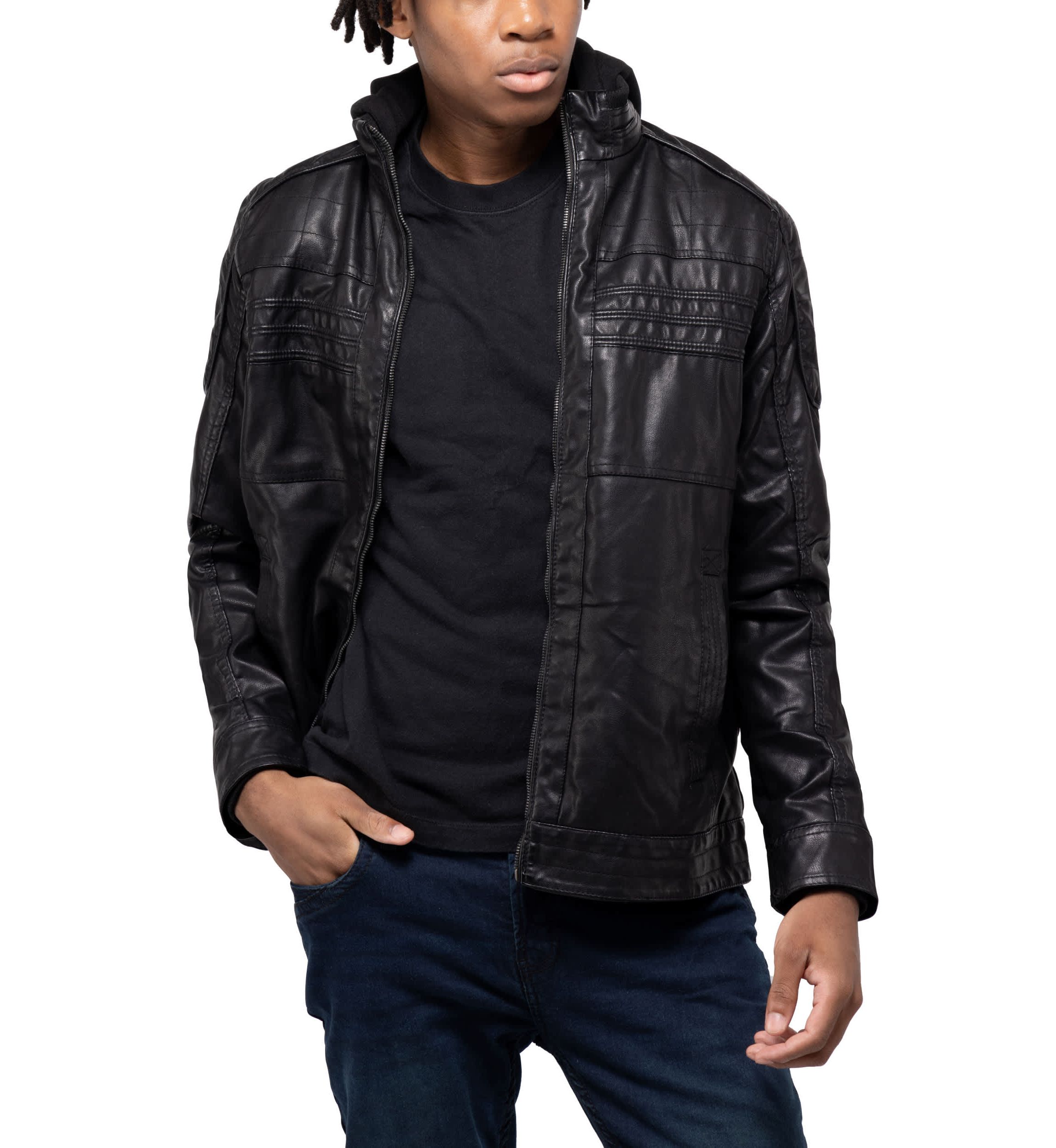Mens Moto Jacket With Hood and Faux Shearling Lining