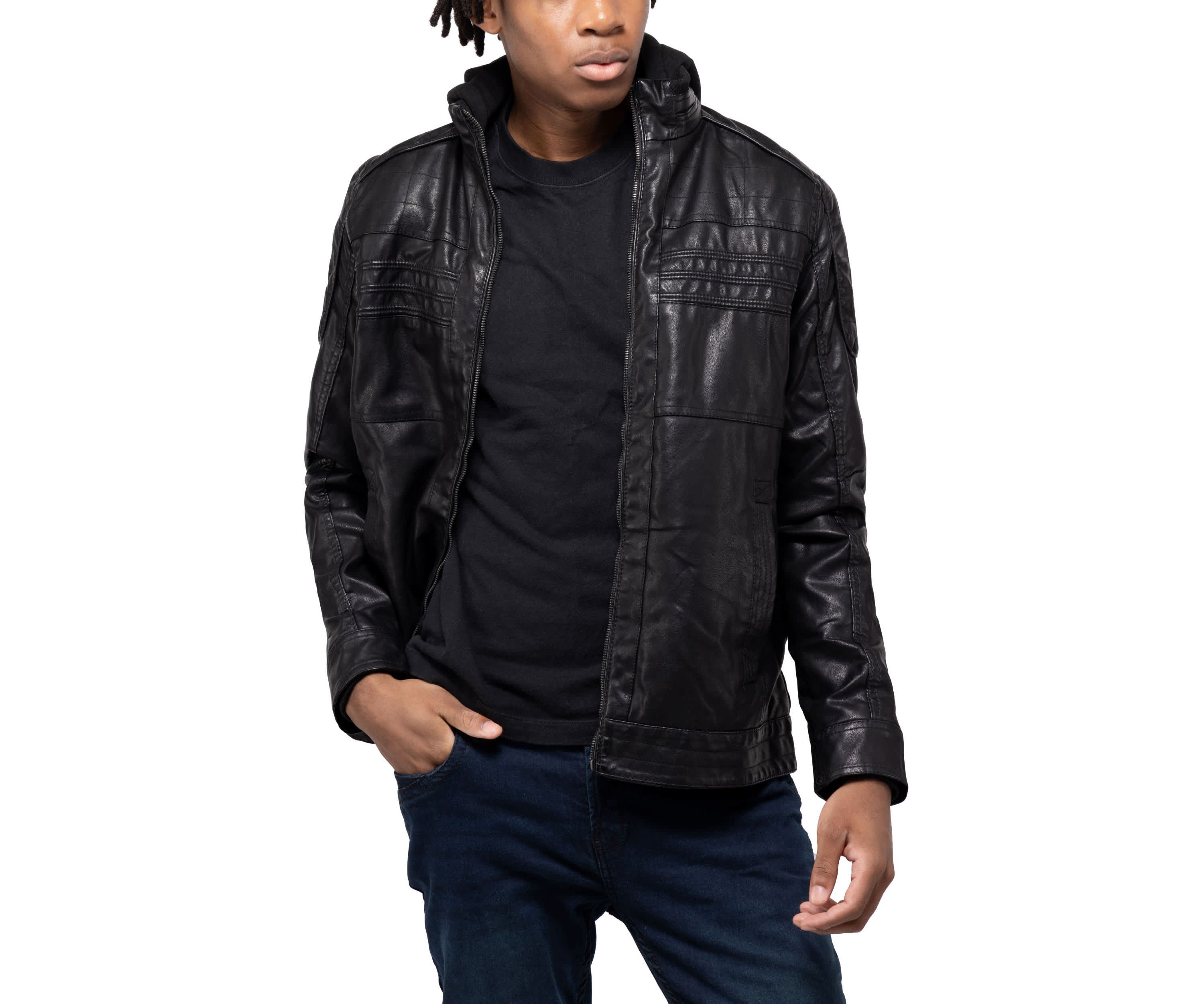 Mens Moto Jacket With Hood and Faux Shearling Lining