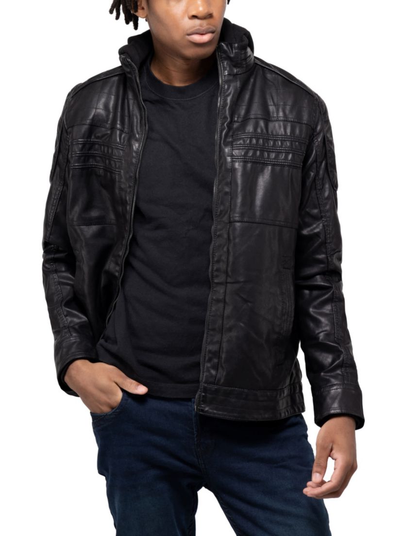 Mens Moto Jacket With Hood and Faux Shearling Lining