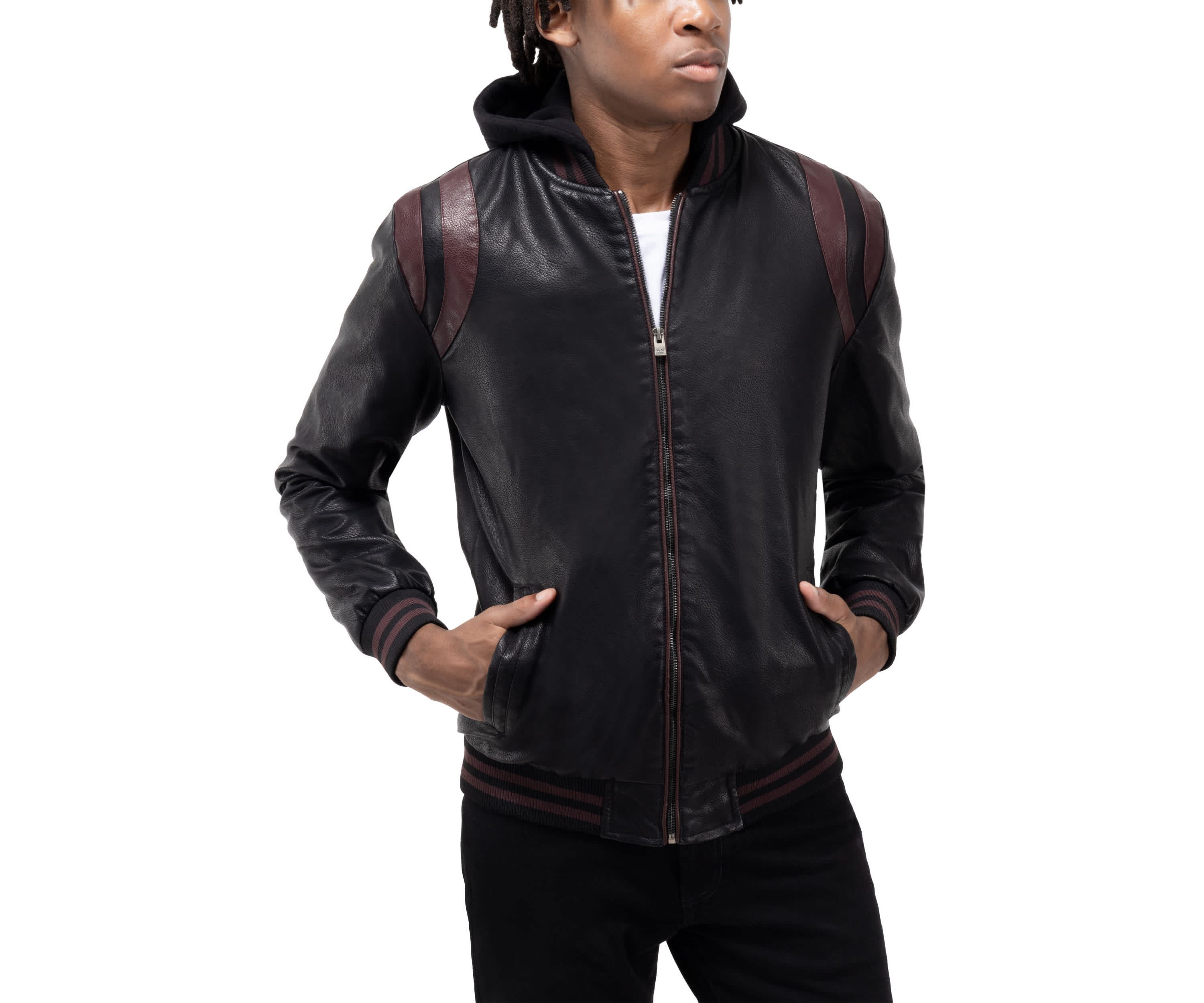 Mens Grainy PU Hooded Jacket With Faux Shearling Lining