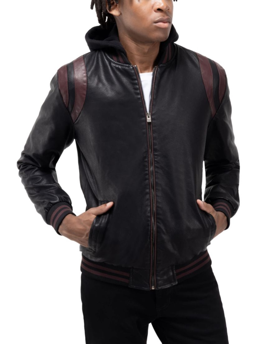 Mens Grainy PU Hooded Jacket With Faux Shearling Lining