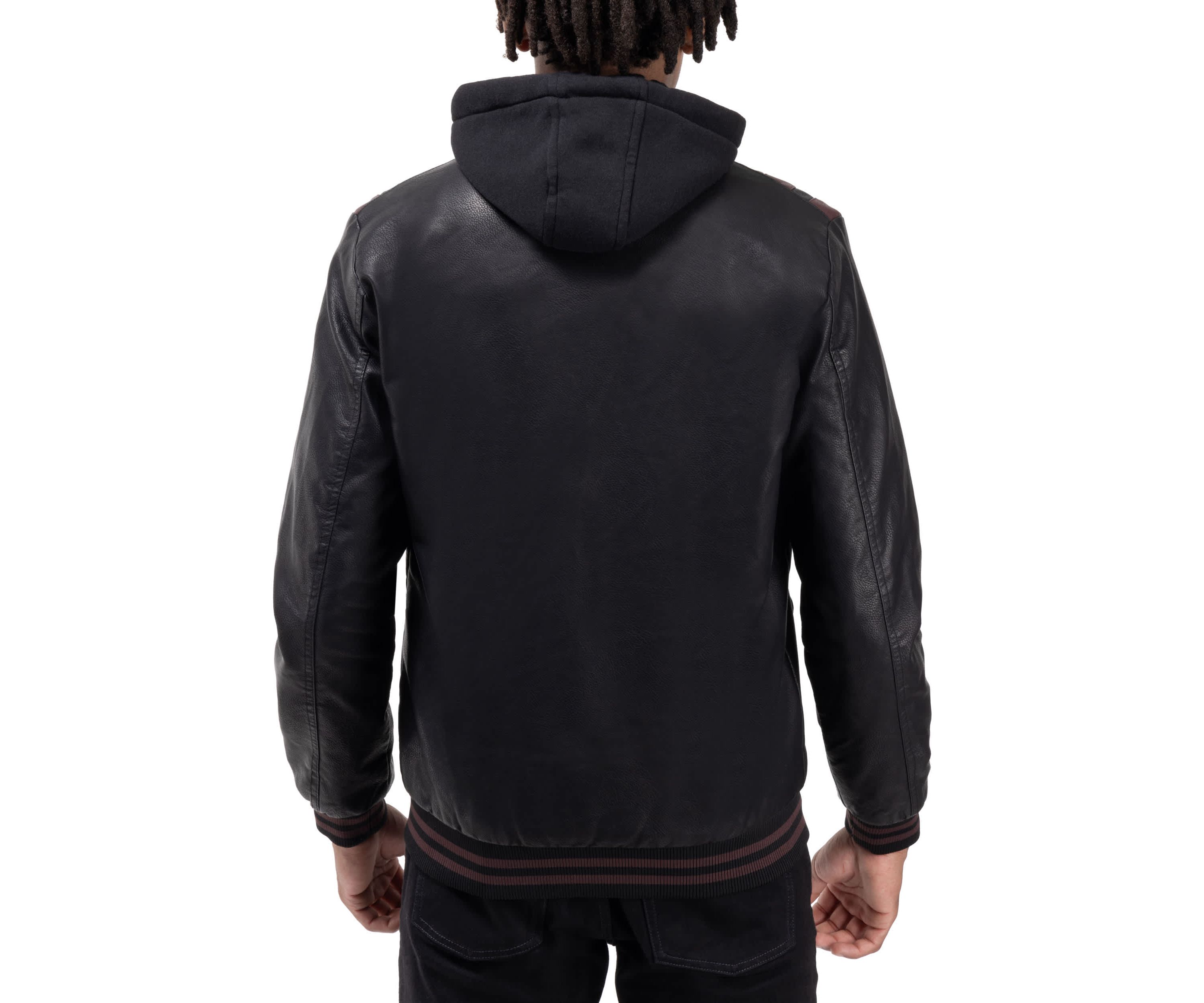 Mens Grainy PU Hooded Jacket With Faux Shearling Lining