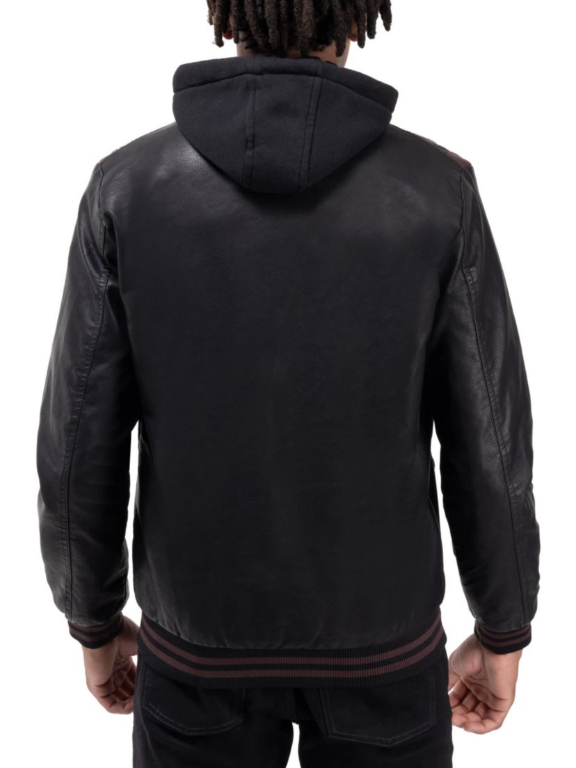 Mens Grainy PU Hooded Jacket With Faux Shearling Lining