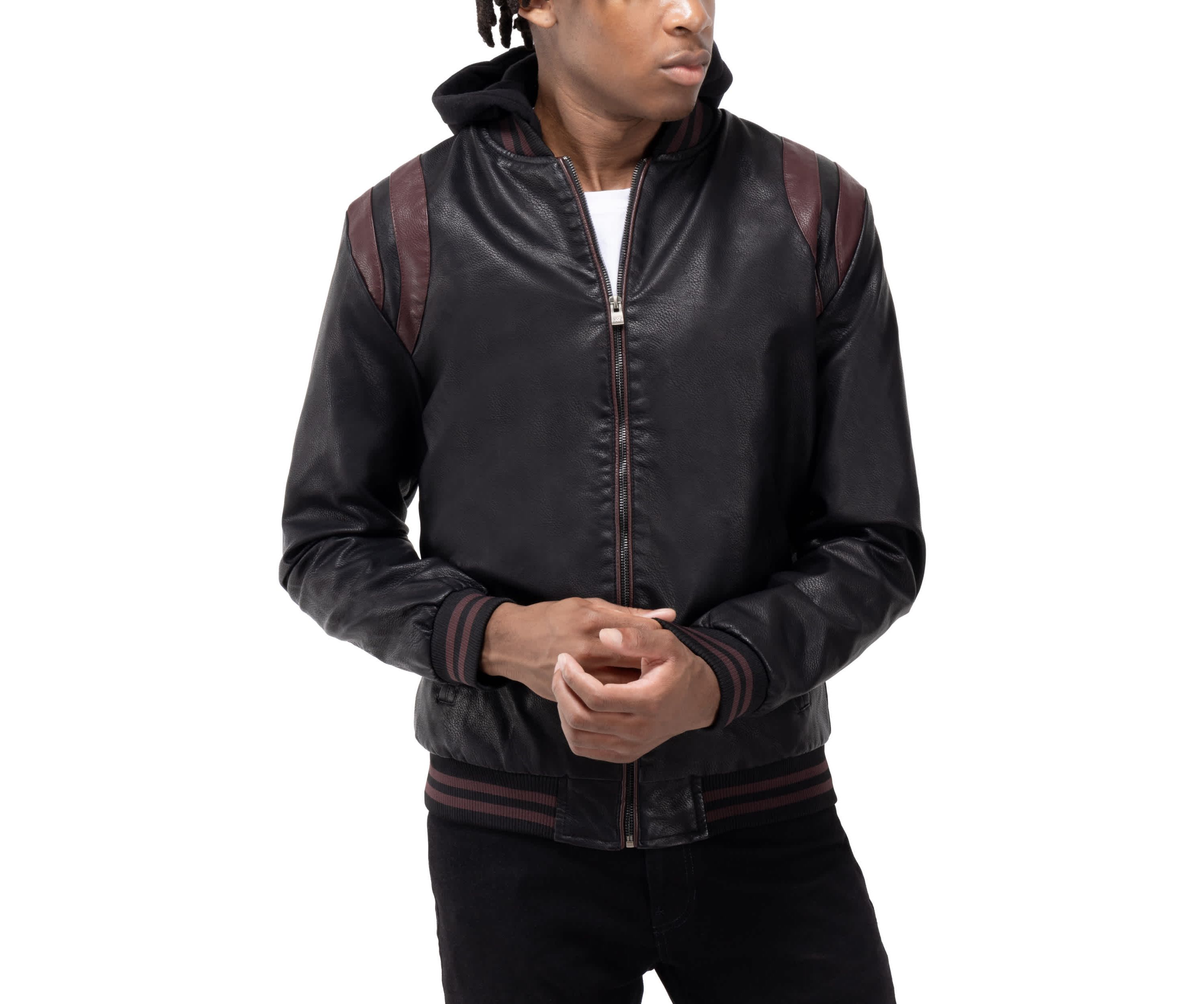 Mens Grainy PU Hooded Jacket With Faux Shearling Lining