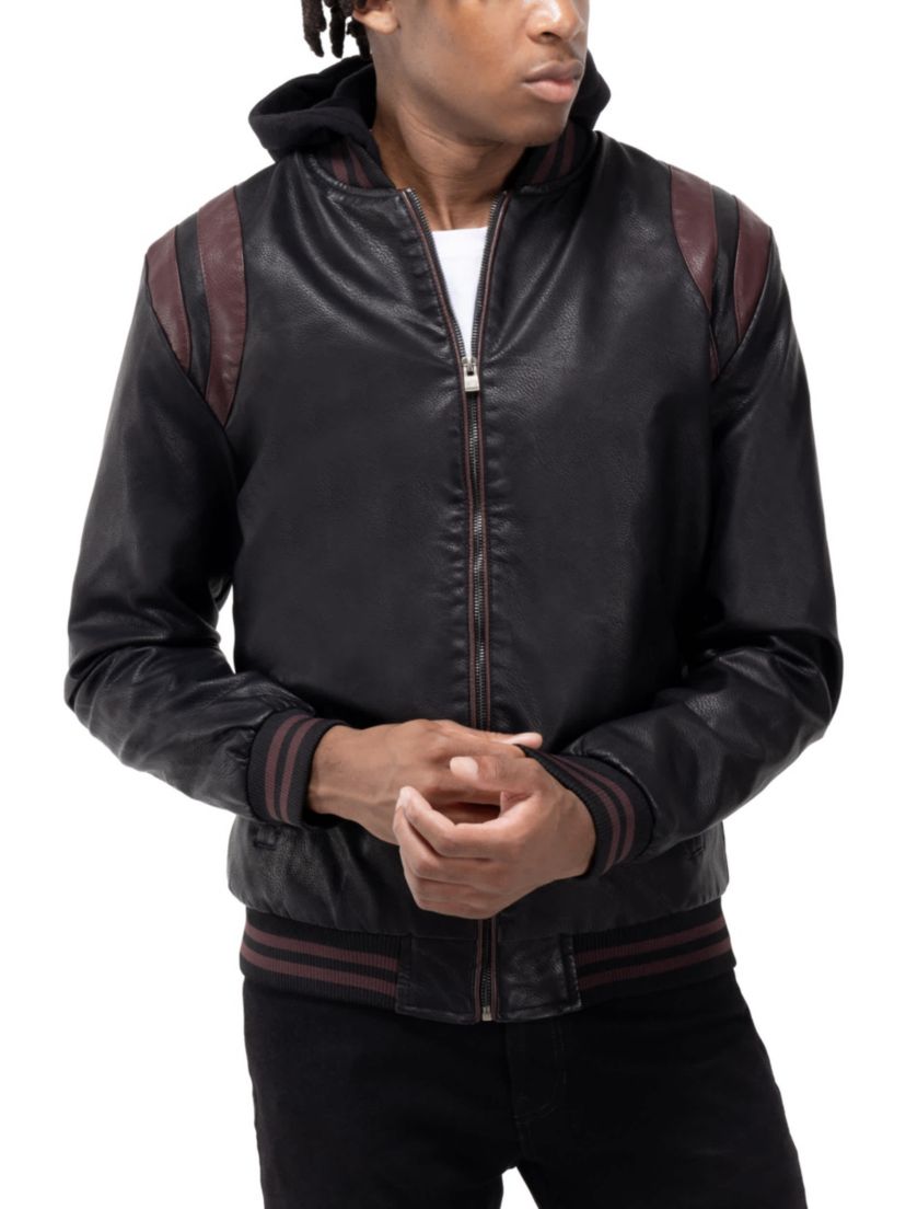 Mens Grainy PU Hooded Jacket With Faux Shearling Lining