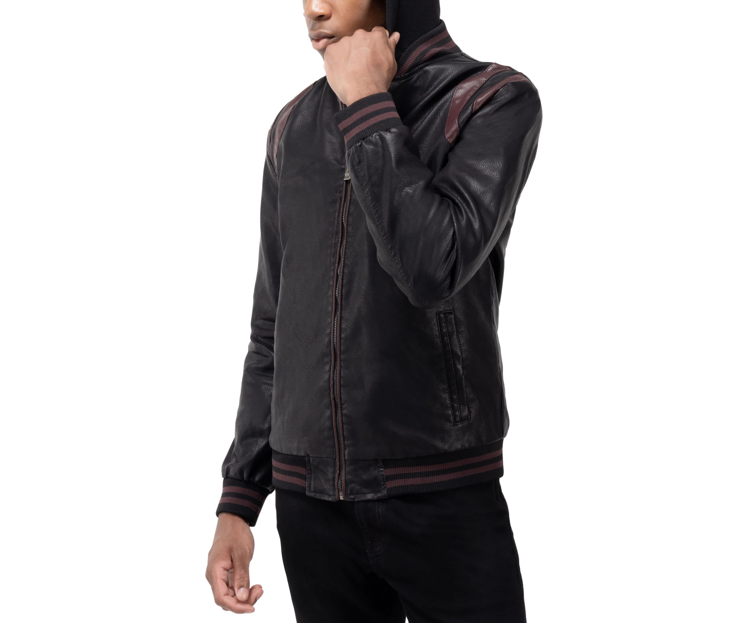 Mens Grainy PU Hooded Jacket With Faux Shearling Lining