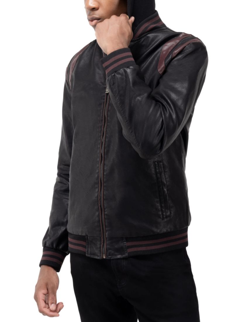Mens Grainy PU Hooded Jacket With Faux Shearling Lining
