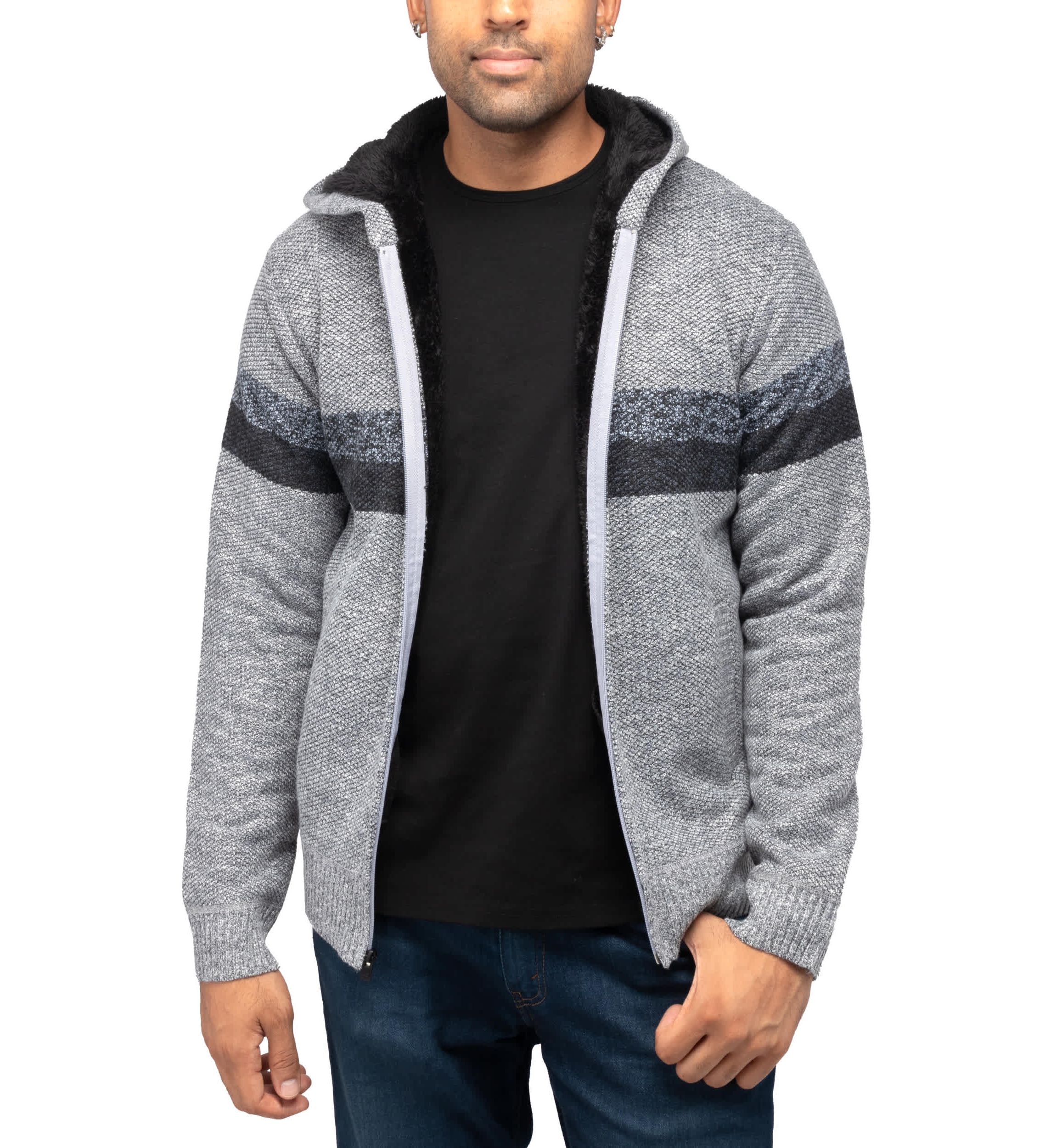 Full Zip Hooded Sweater With Stripes & Lining