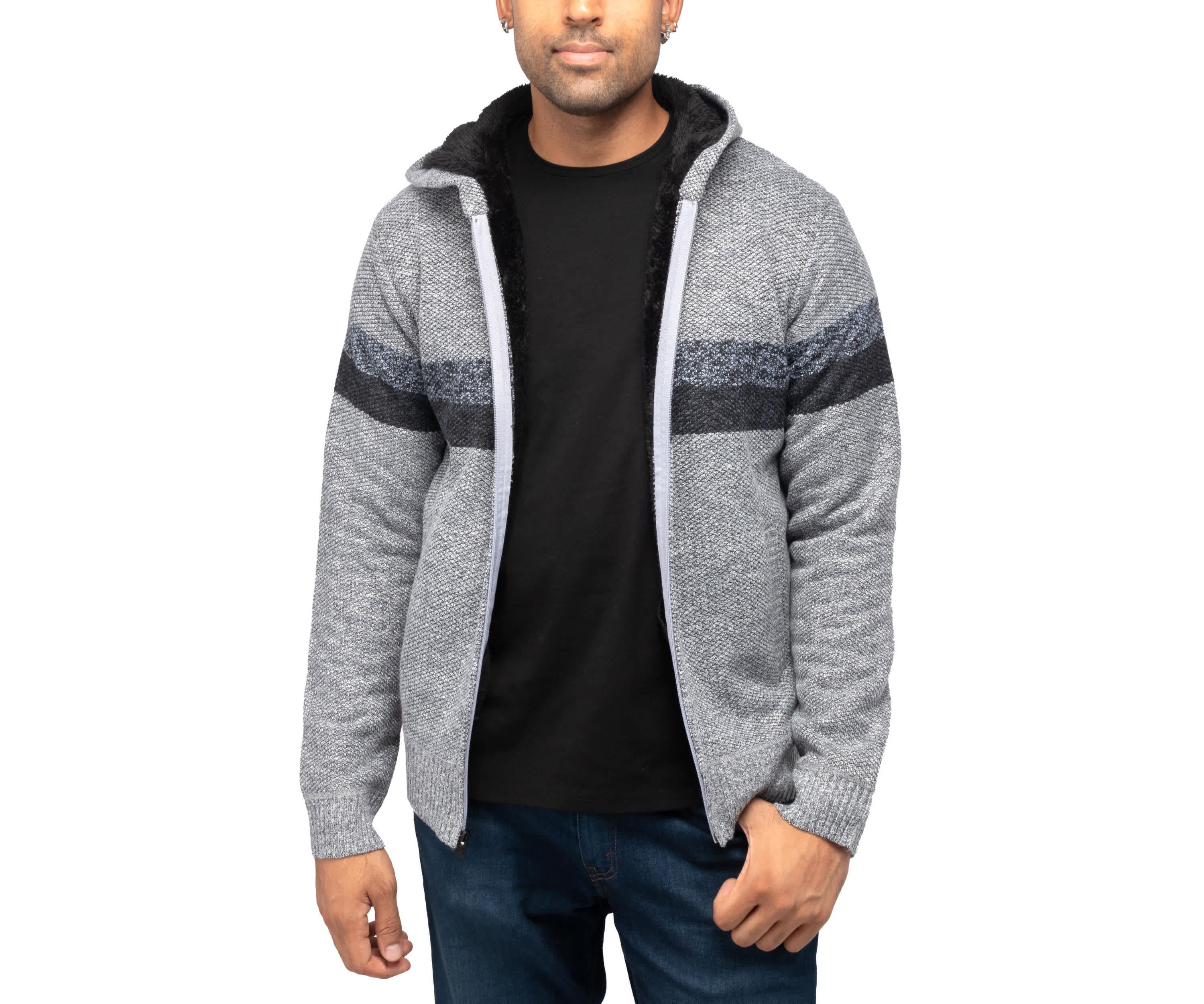 Full Zip Hooded Sweater With Stripes & Lining