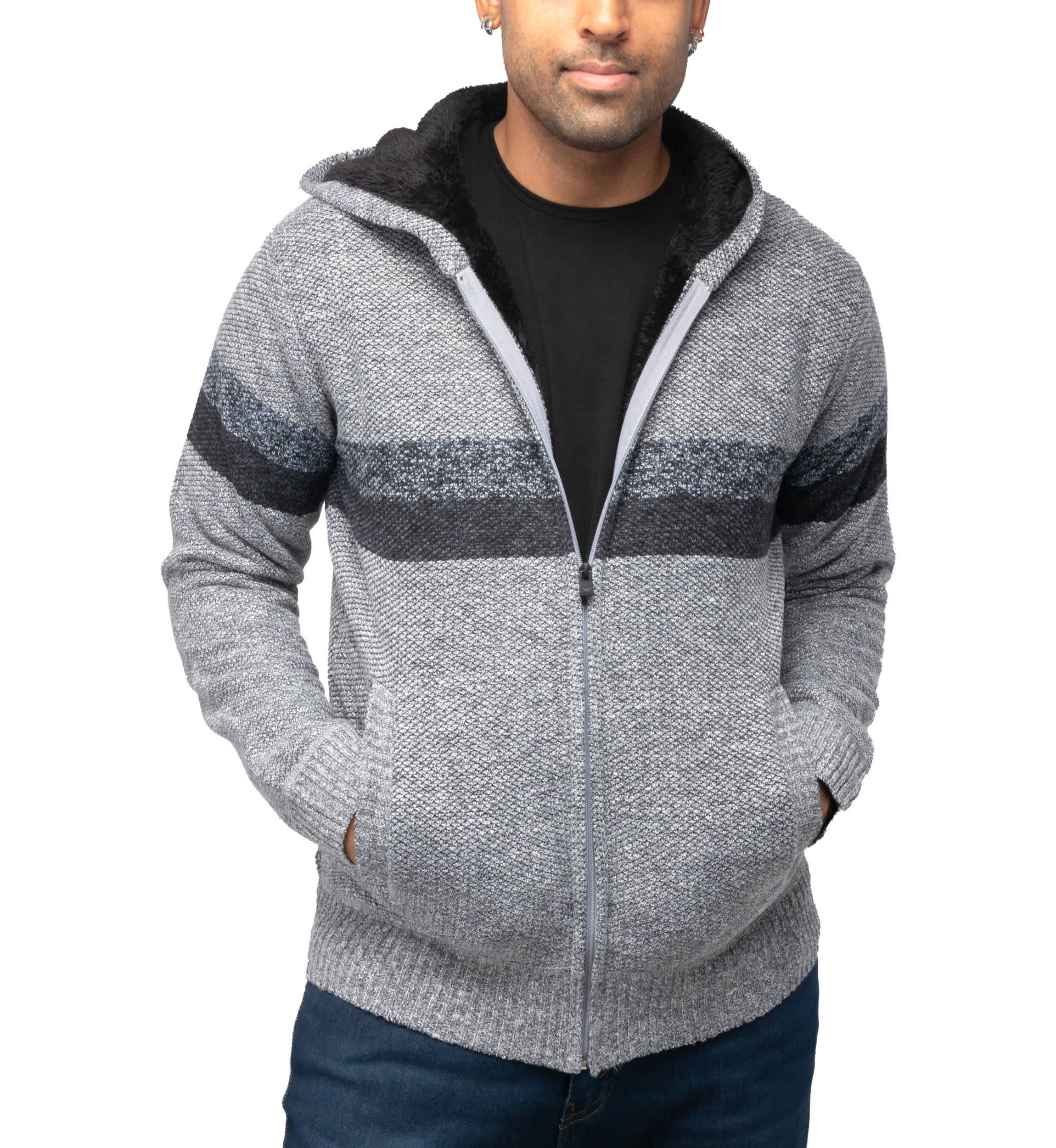 Full Zip Hooded Sweater With Stripes & Lining