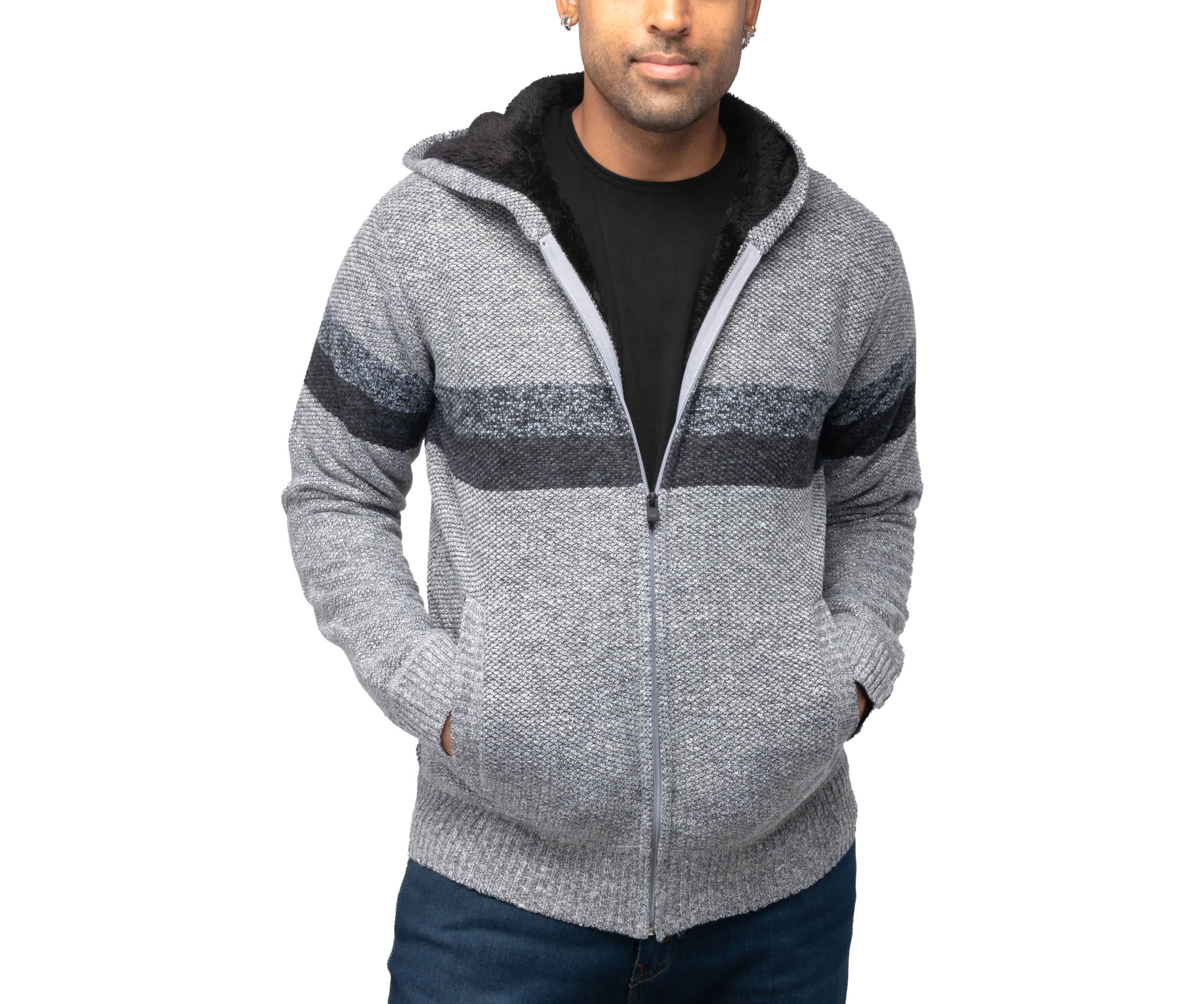 Full Zip Hooded Sweater With Stripes & Lining