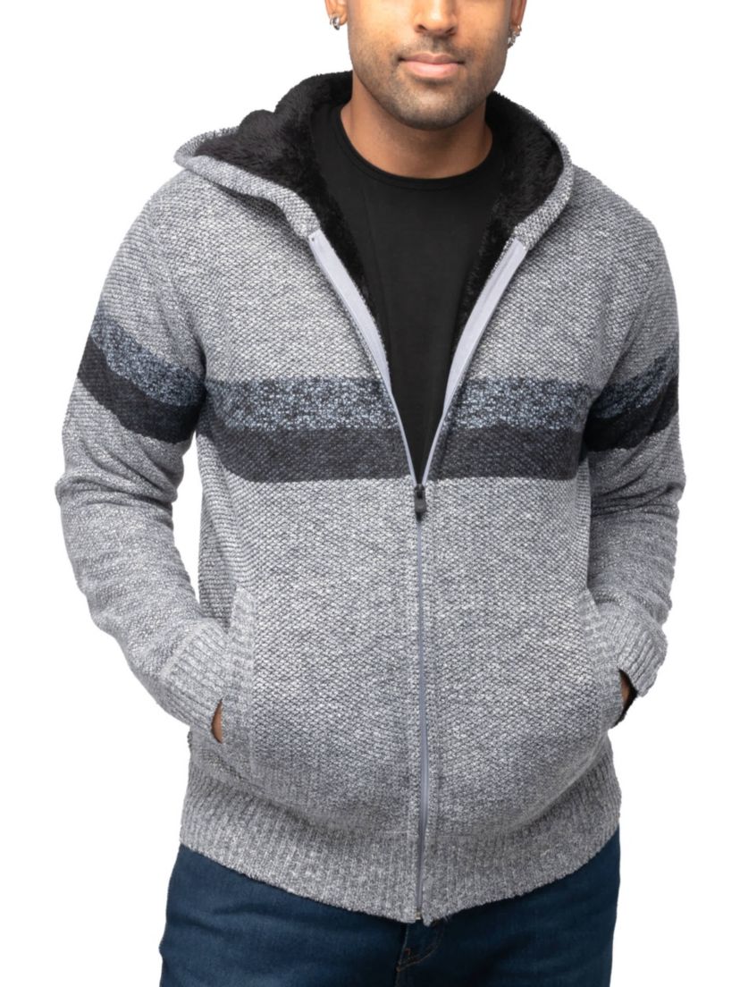 Full Zip Hooded Sweater With Stripes & Lining
