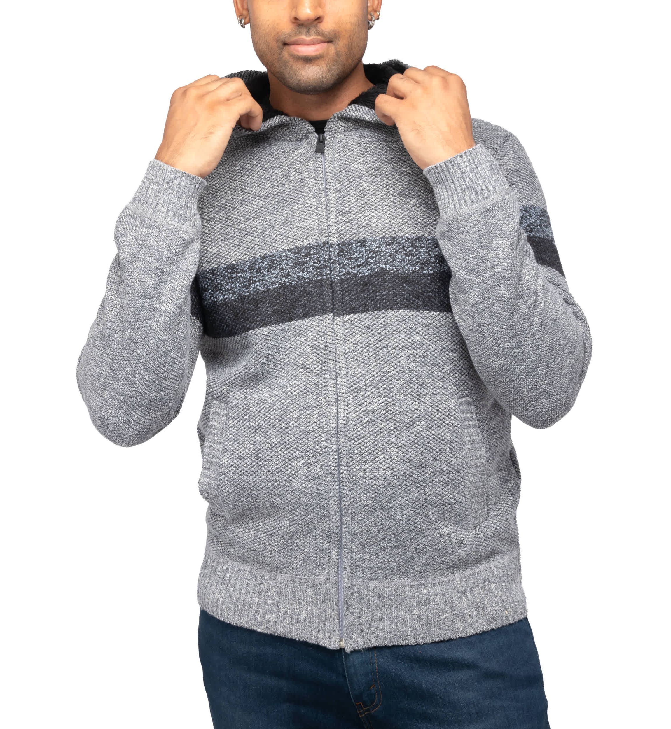 Full Zip Hooded Sweater With Stripes & Lining