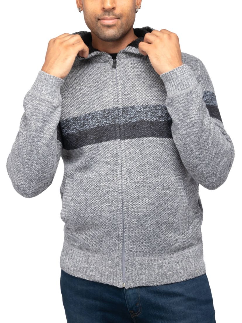 Full Zip Hooded Sweater With Stripes & Lining