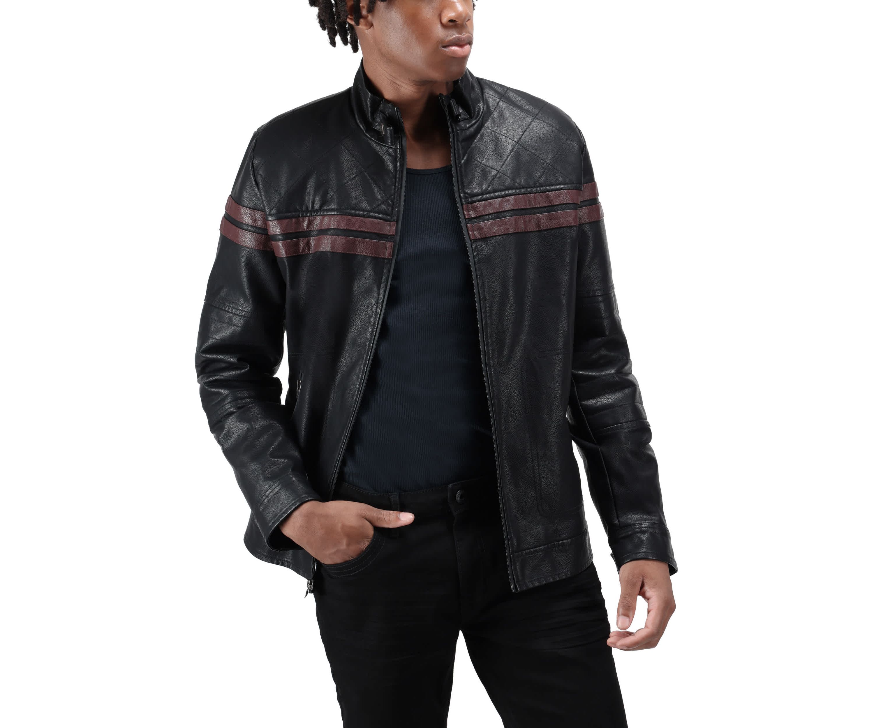 Grainy PU Jacket Dogs Collar And Quilted Sleeves With Faux Shearling