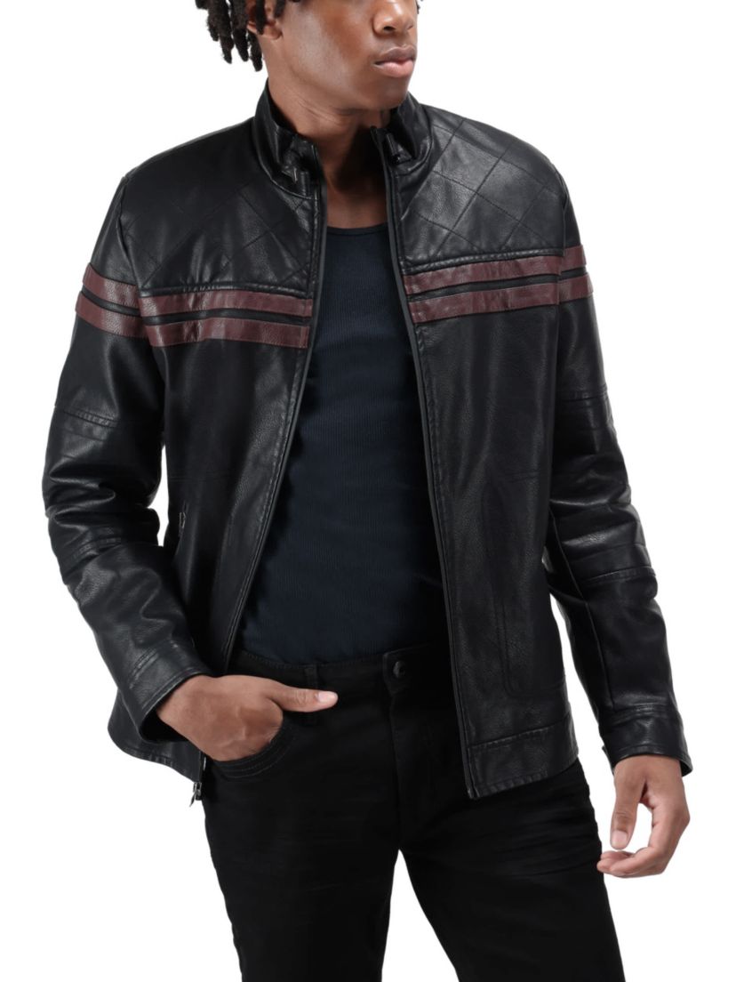 Grainy PU Jacket Dogs Collar And Quilted Sleeves With Faux Shearling