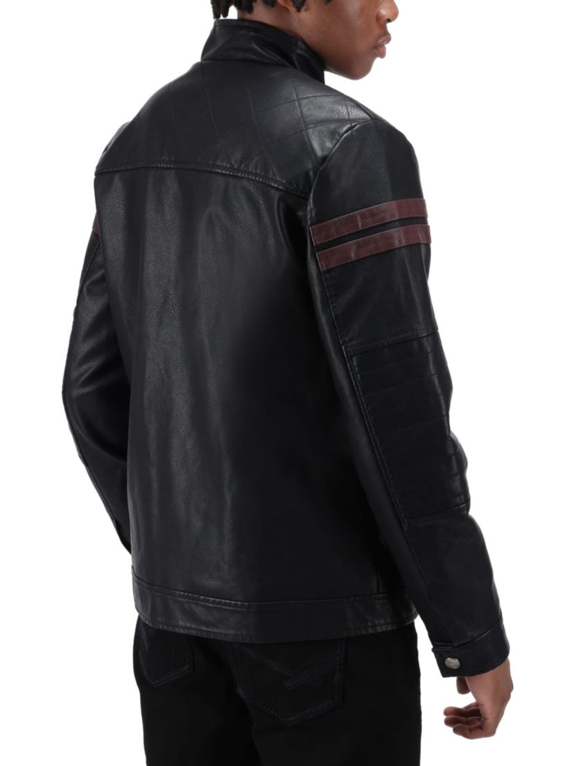 Grainy PU Jacket Dogs Collar And Quilted Sleeves With Faux Shearling