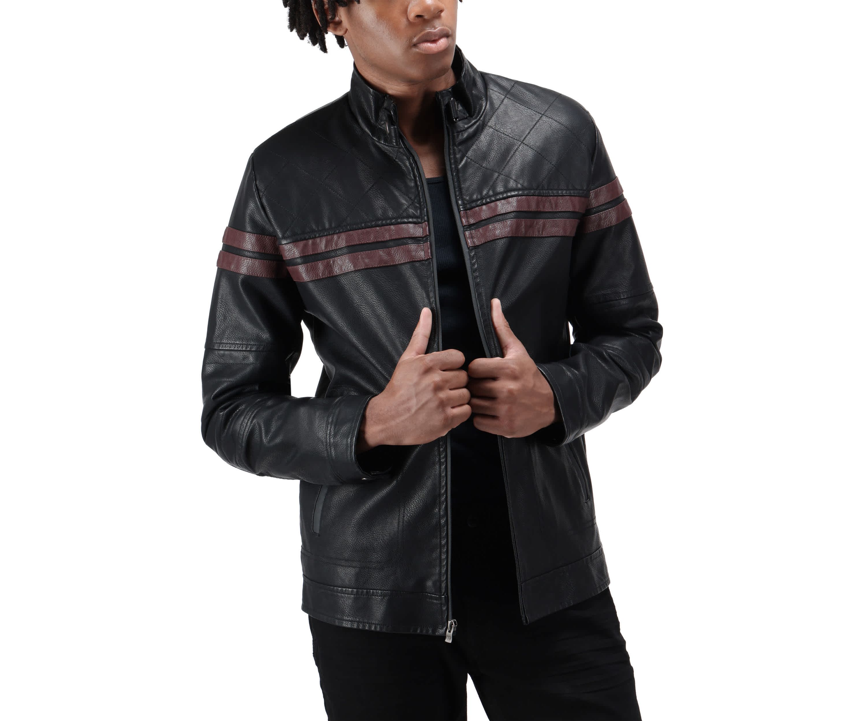 Grainy PU Jacket Dogs Collar And Quilted Sleeves With Faux Shearling