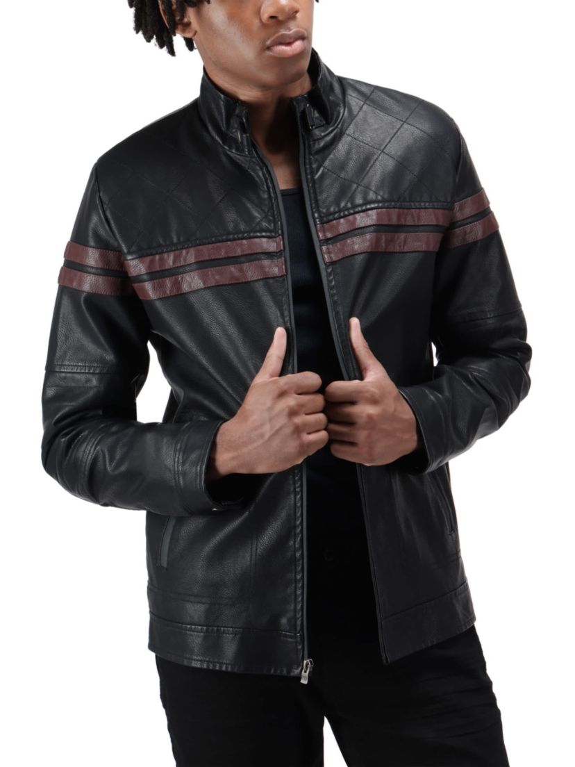 Grainy PU Jacket Dogs Collar And Quilted Sleeves With Faux Shearling