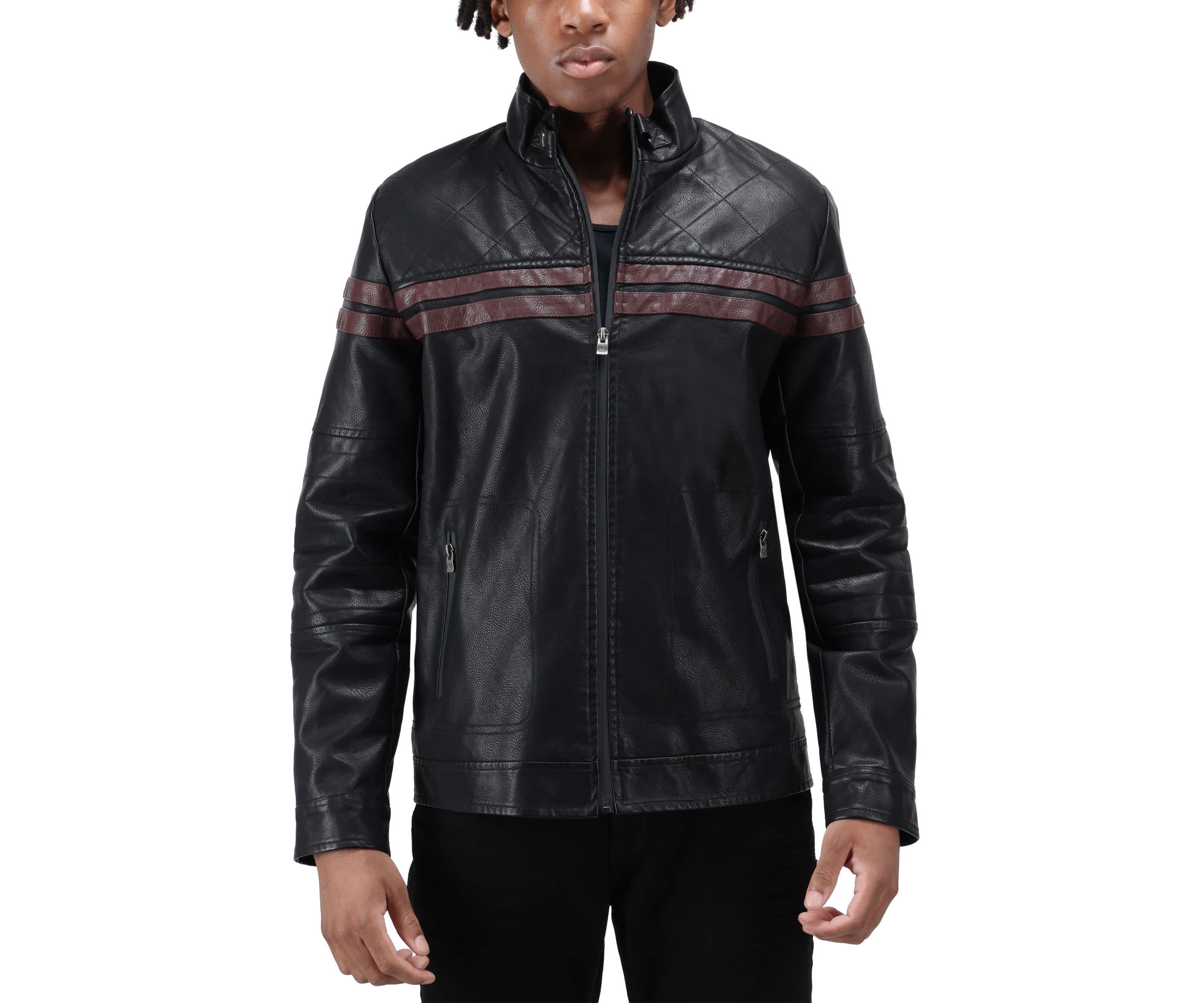 Grainy PU Jacket Dogs Collar And Quilted Sleeves With Faux Shearling