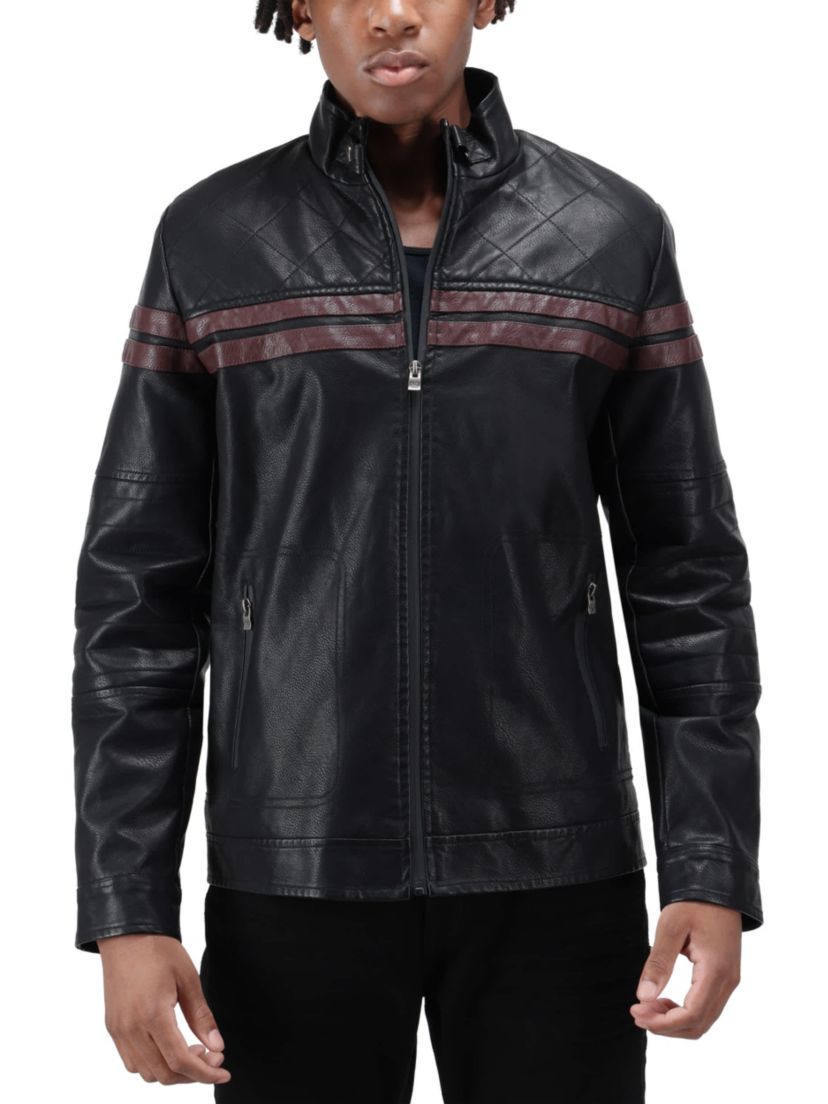 Grainy PU Jacket Dogs Collar And Quilted Sleeves With Faux Shearling