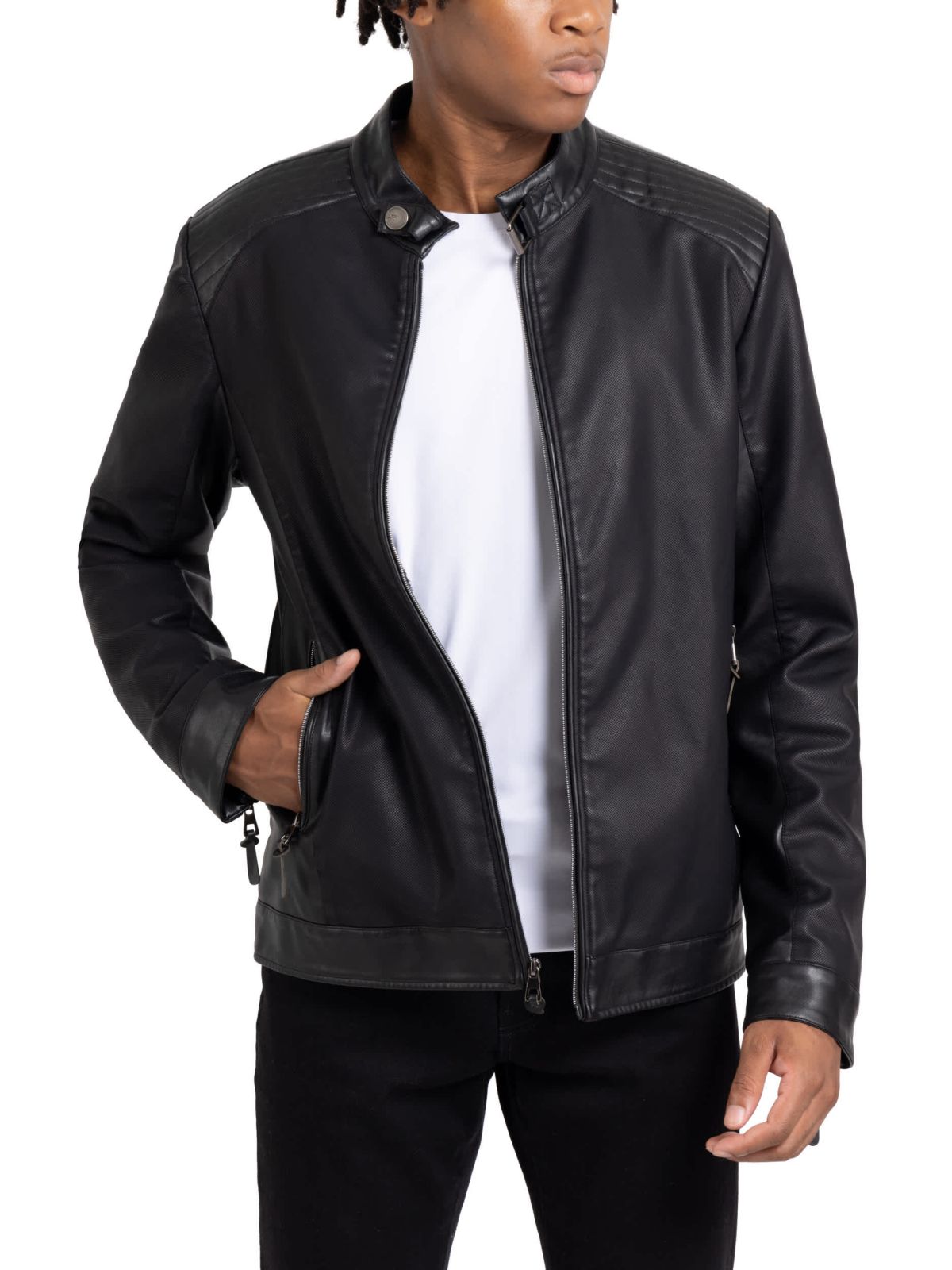 Mens PU Racer Jacket With Faux Shearling Lining