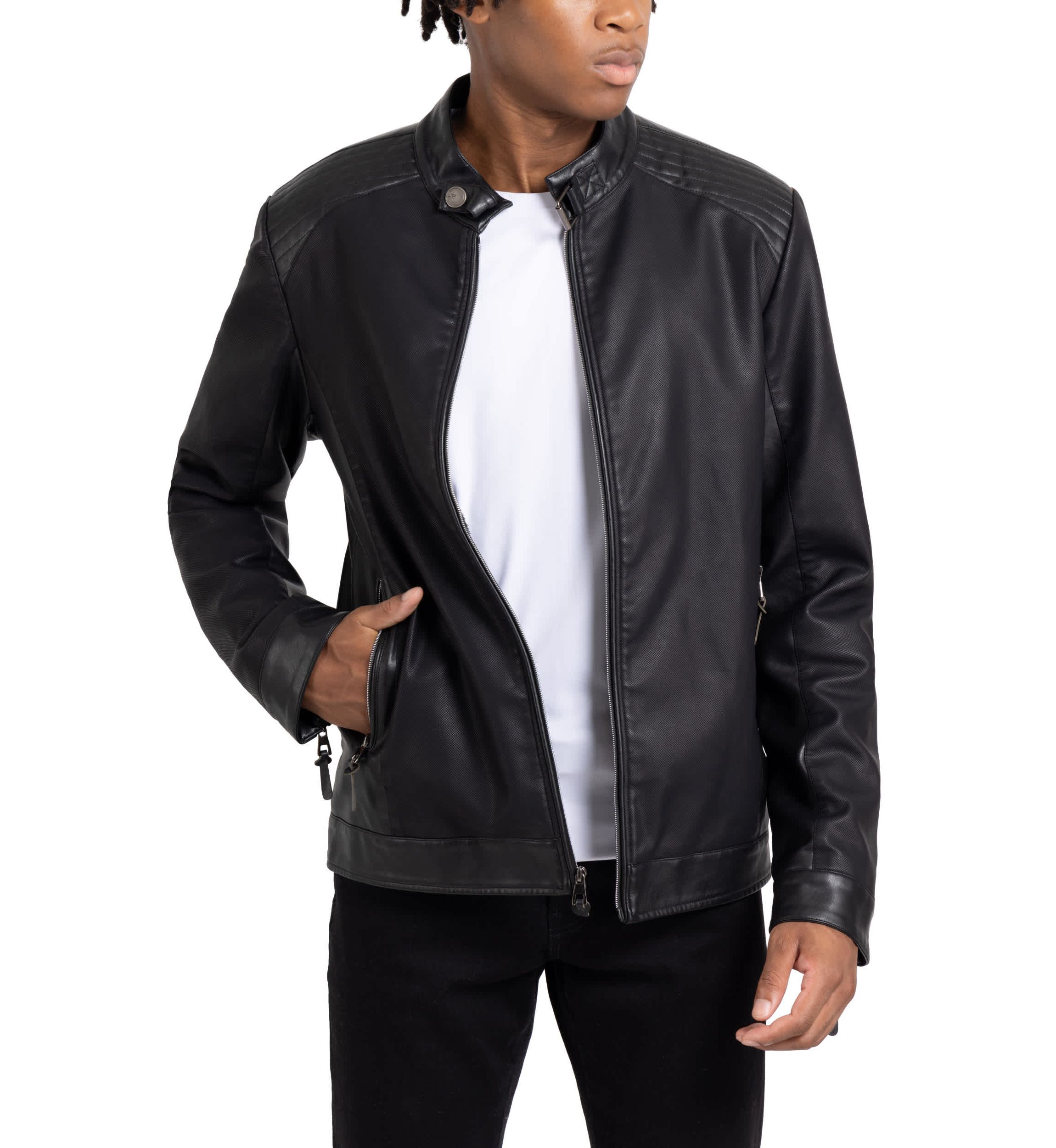 Mens PU Racer Jacket With Faux Shearling Lining
