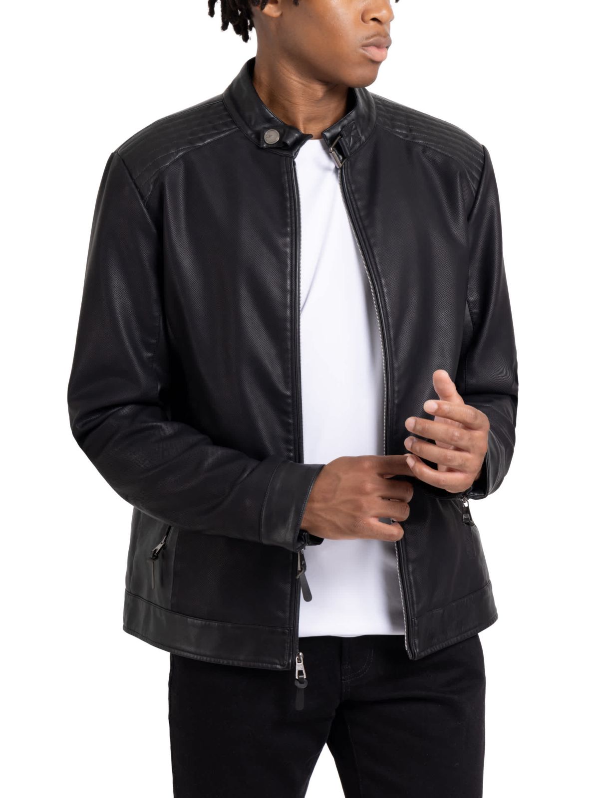 Mens PU Racer Jacket With Faux Shearling Lining