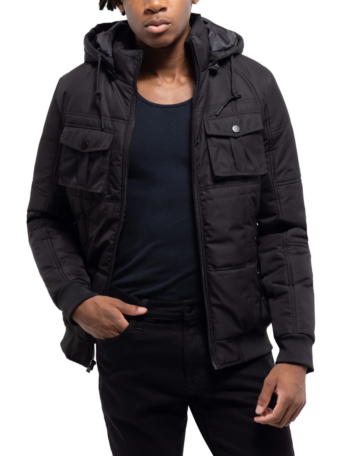 Hooded Puffer Jacket With Patch Chest Pockets
