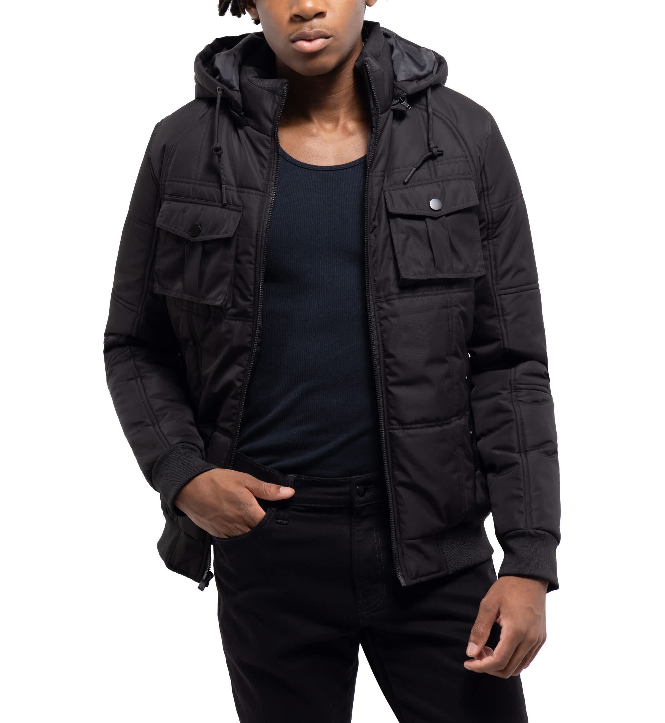 Hooded Puffer Jacket With Patch Chest Pockets