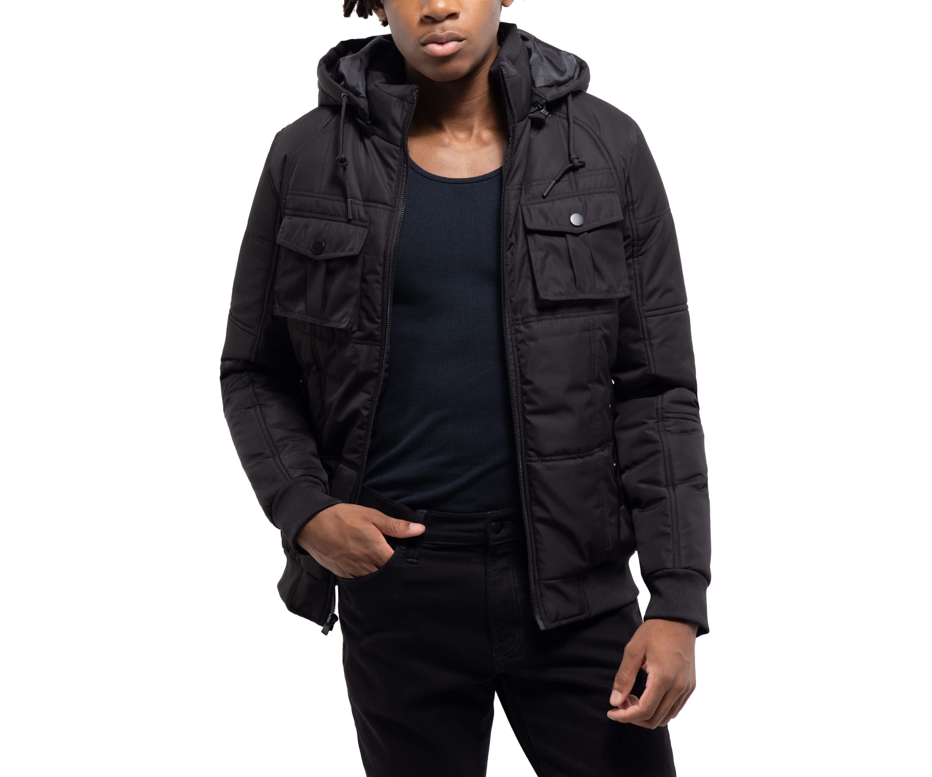 Hooded Puffer Jacket With Patch Chest Pockets