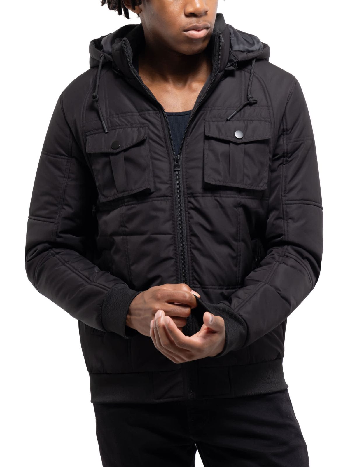 Hooded Puffer Jacket With Patch Chest Pockets