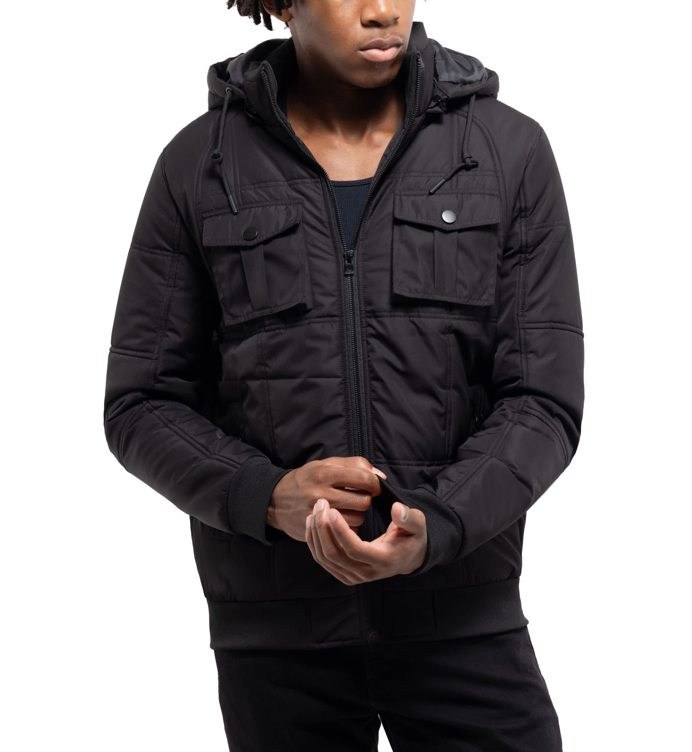 Hooded Puffer Jacket With Patch Chest Pockets