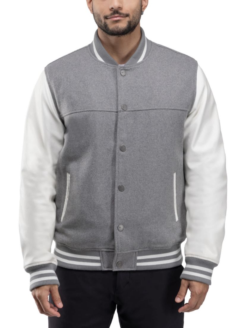 Mens Wool Varsity Bomber Jacket With PU Sleeves